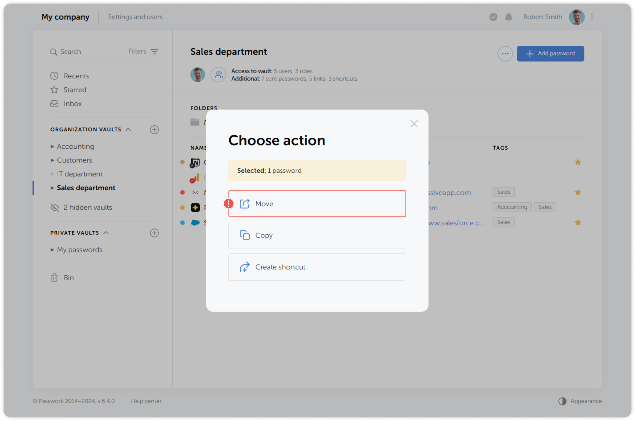 Choose required action for moved password