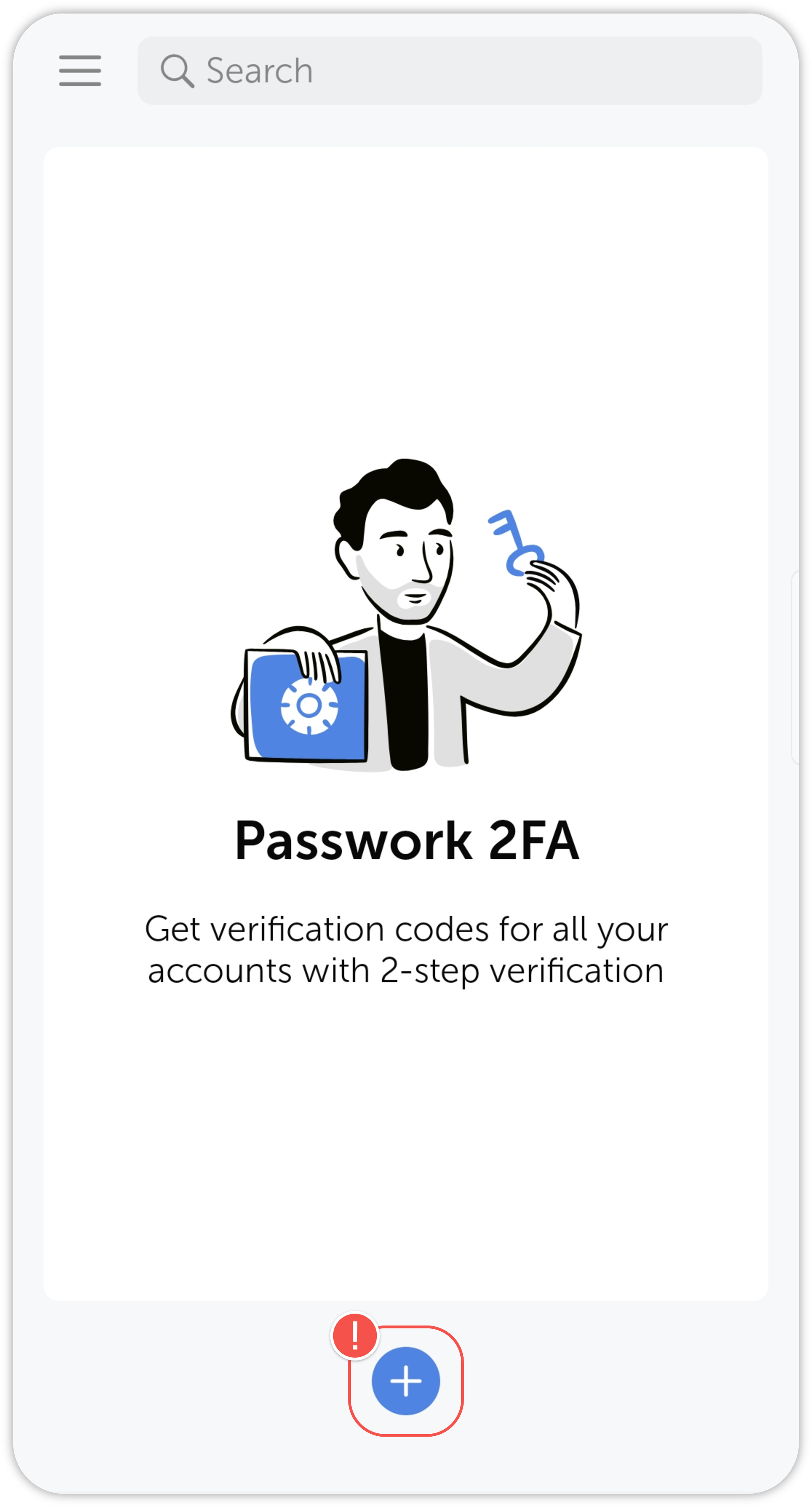 Passwork 2FA main screen with plus icon