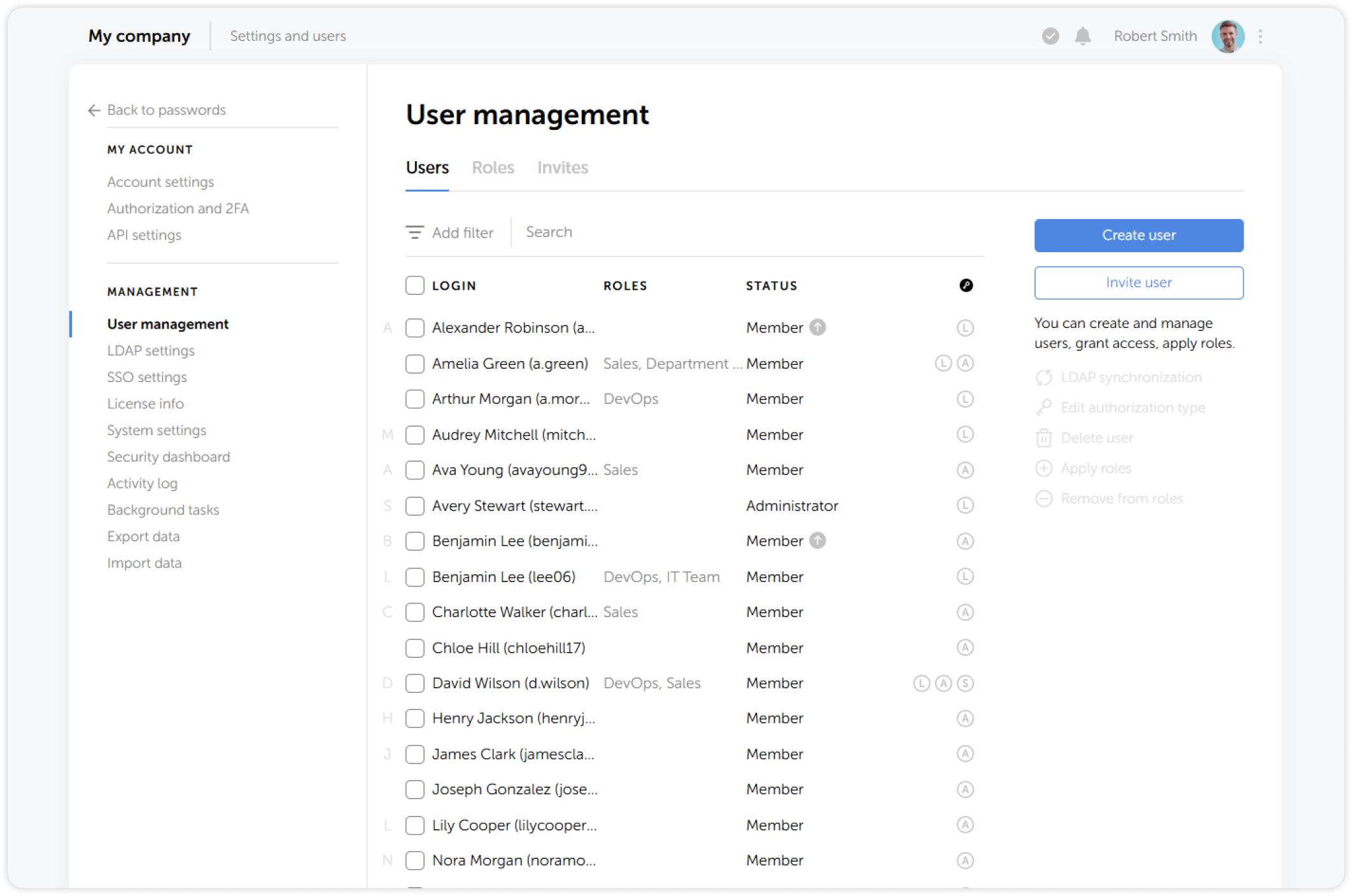 Settings and users menu