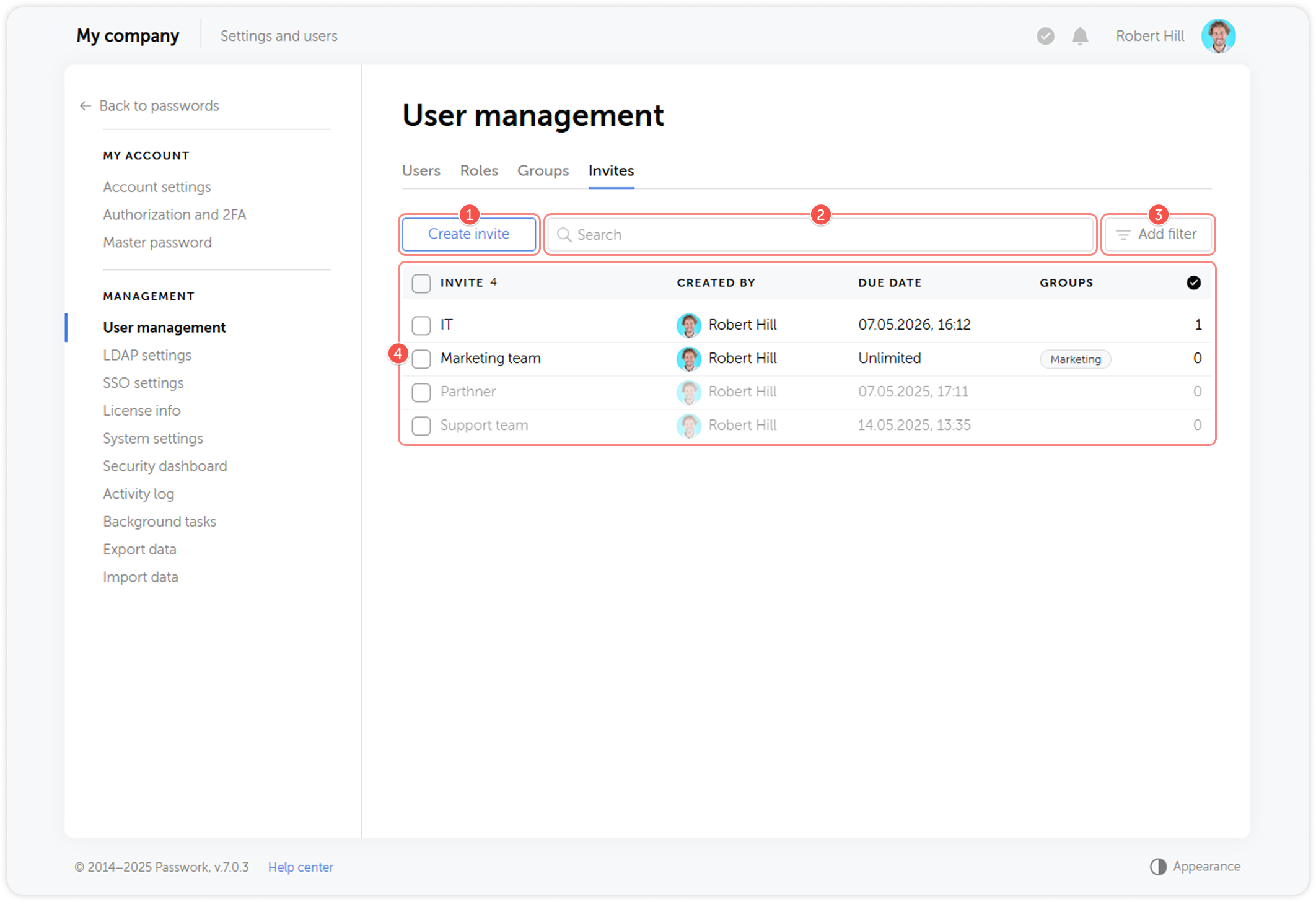 Invites management interface