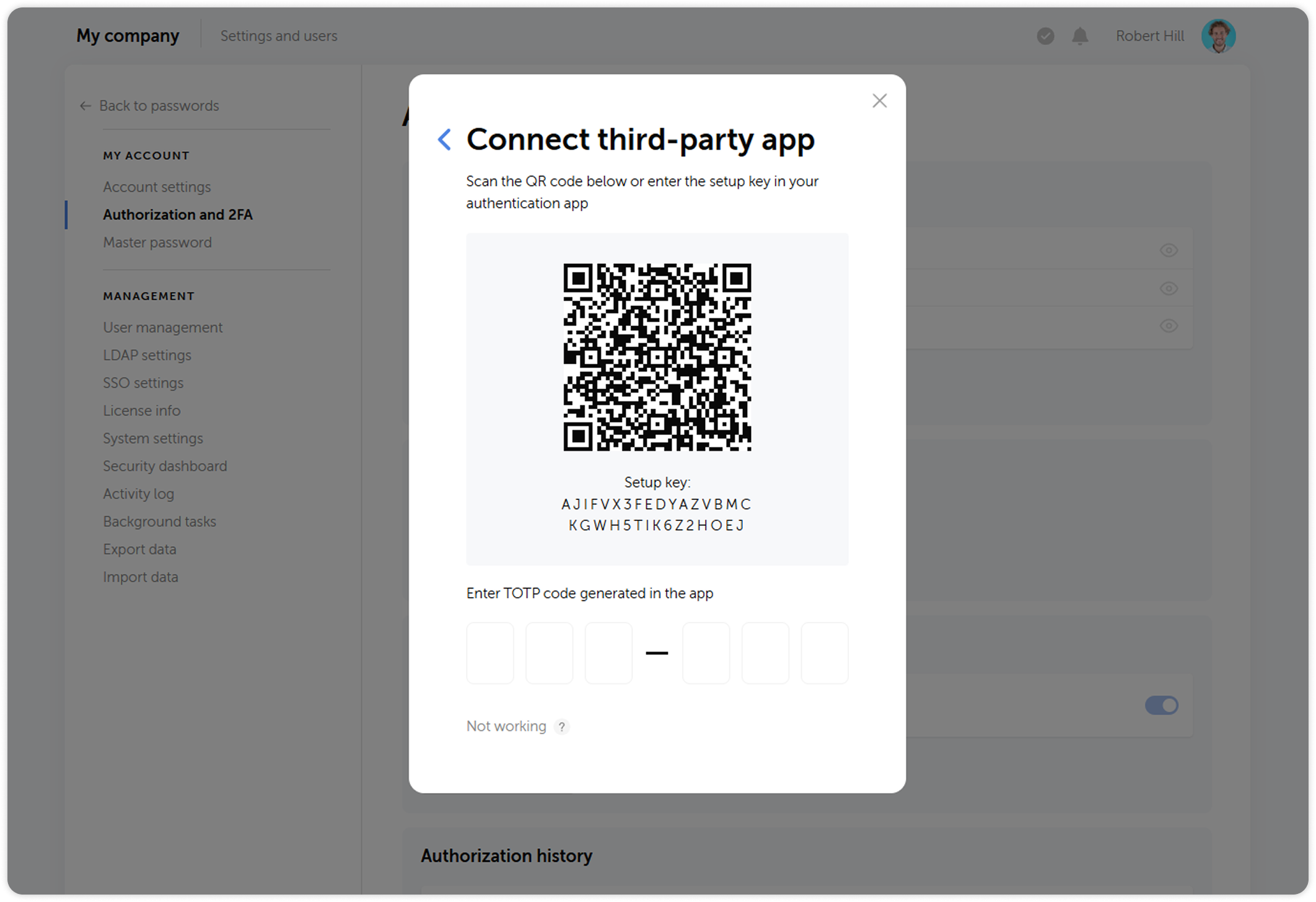 Third-party 2FA app setup