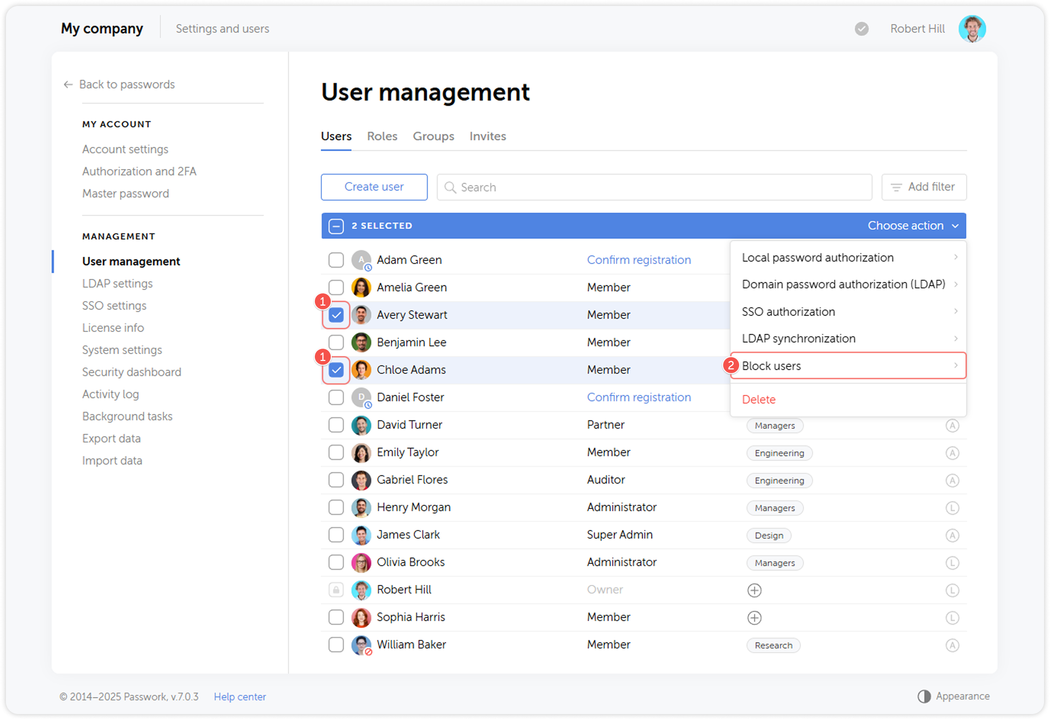 Block users option in dropdown menu