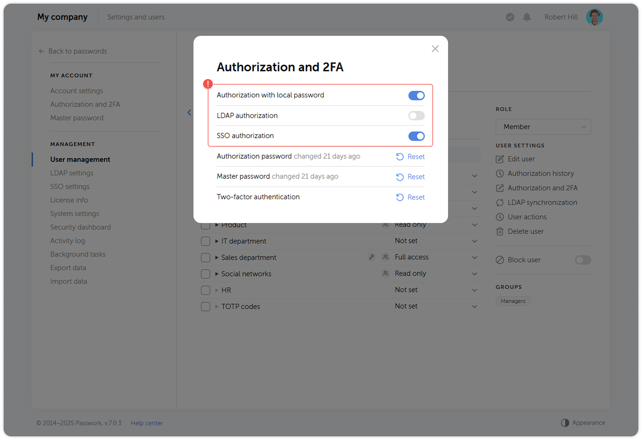 Authorization methods settings