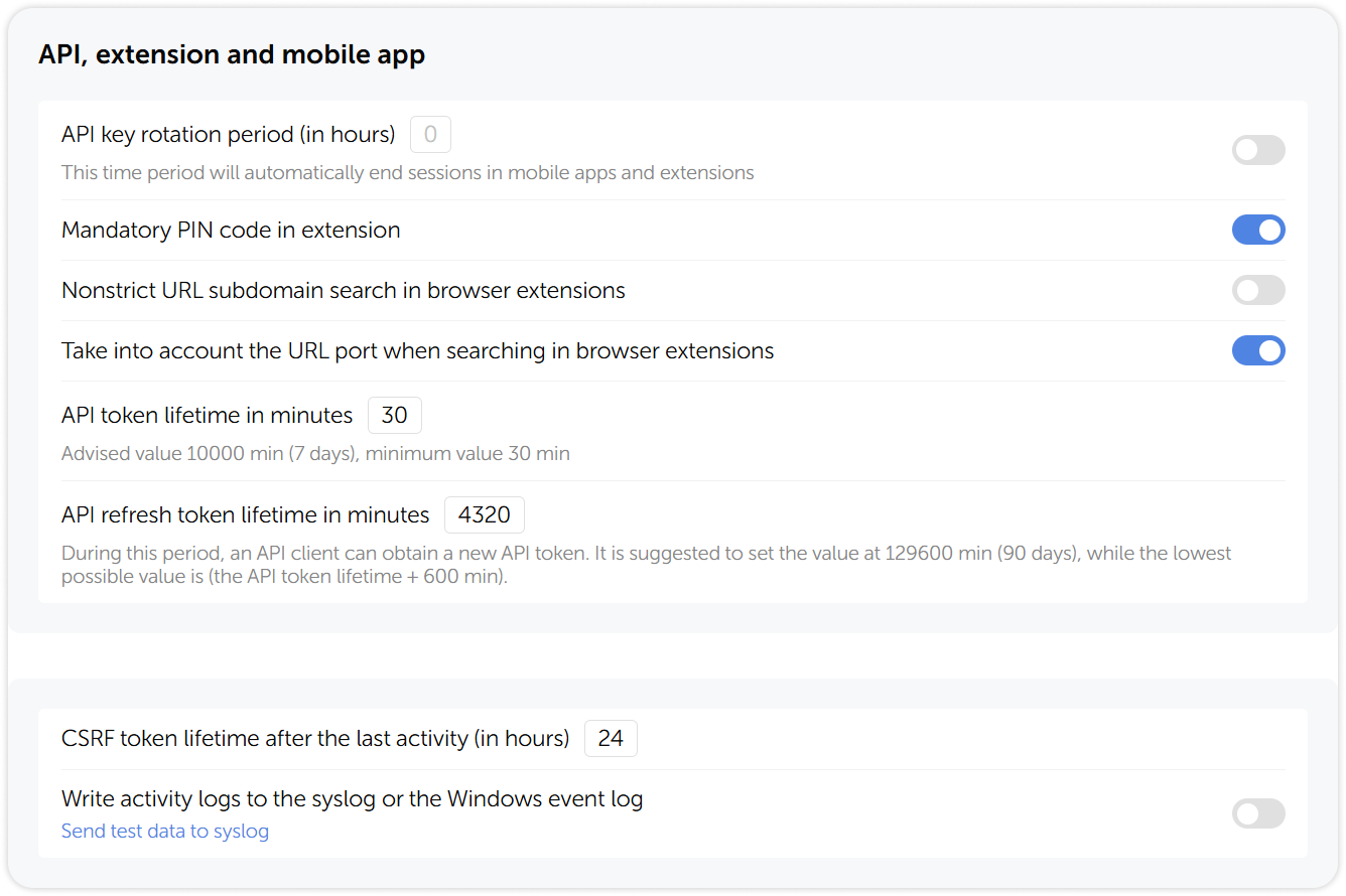 API, extension and mobile app settings