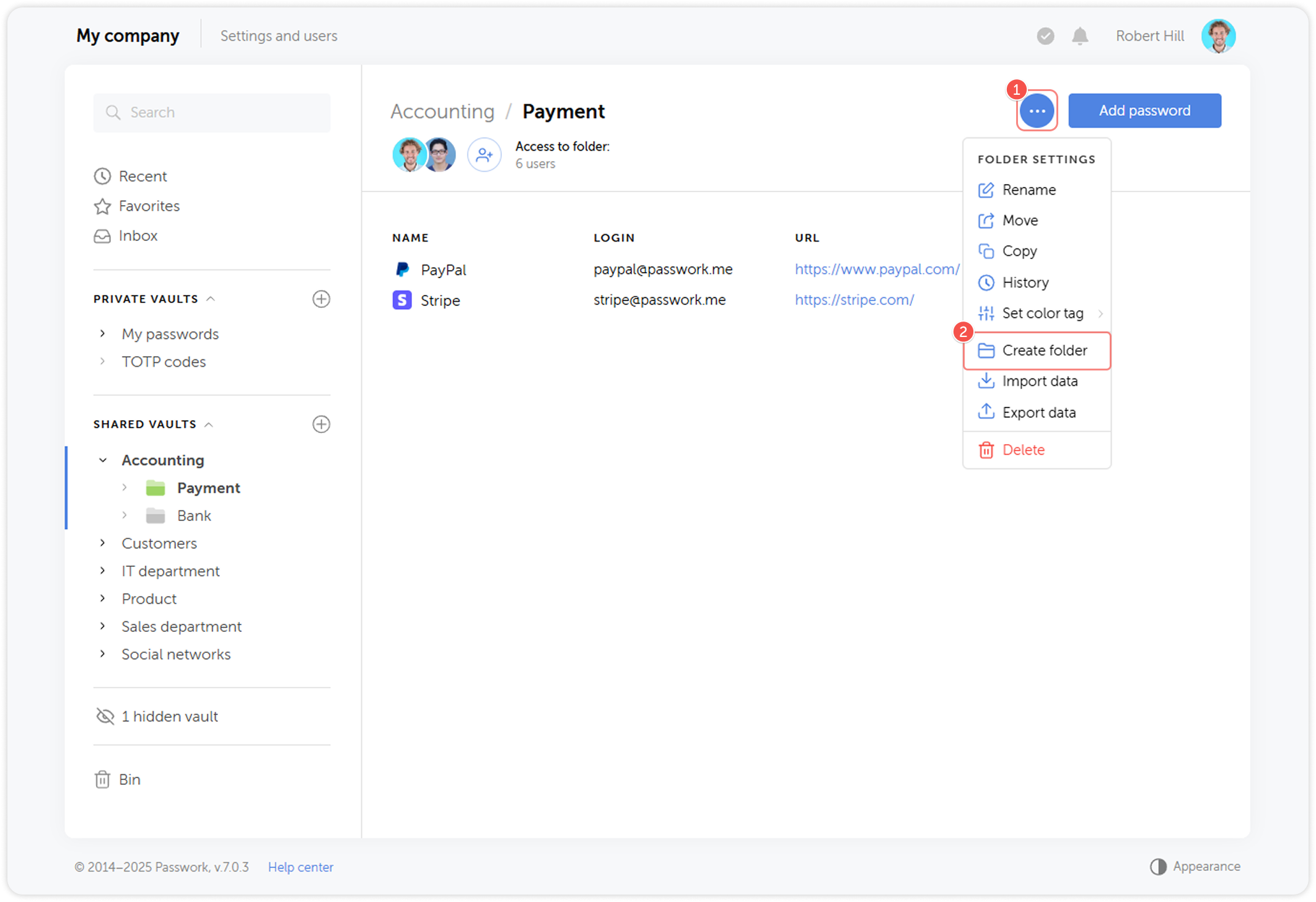 Create folder option in vault settings menu