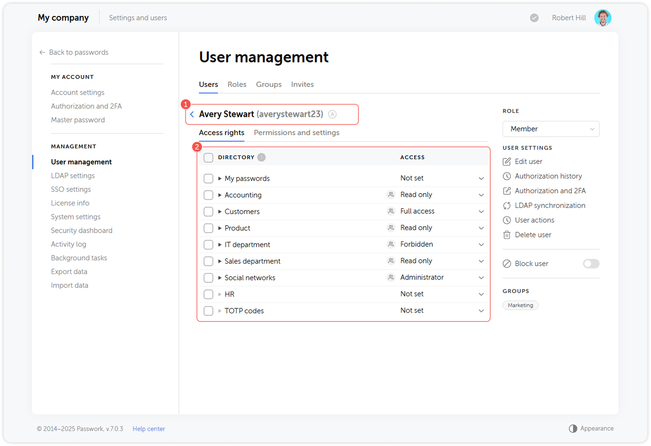 User access rights page