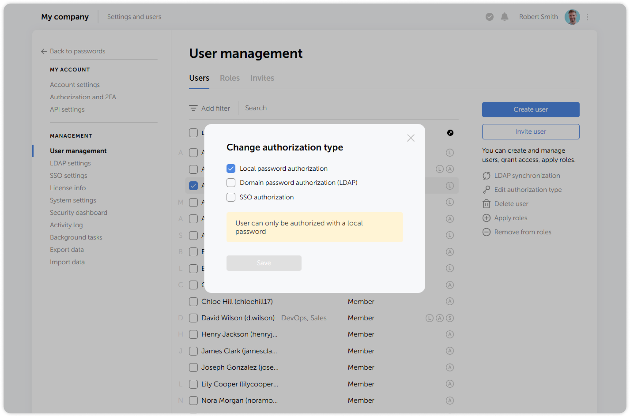 Authorization methods selection window