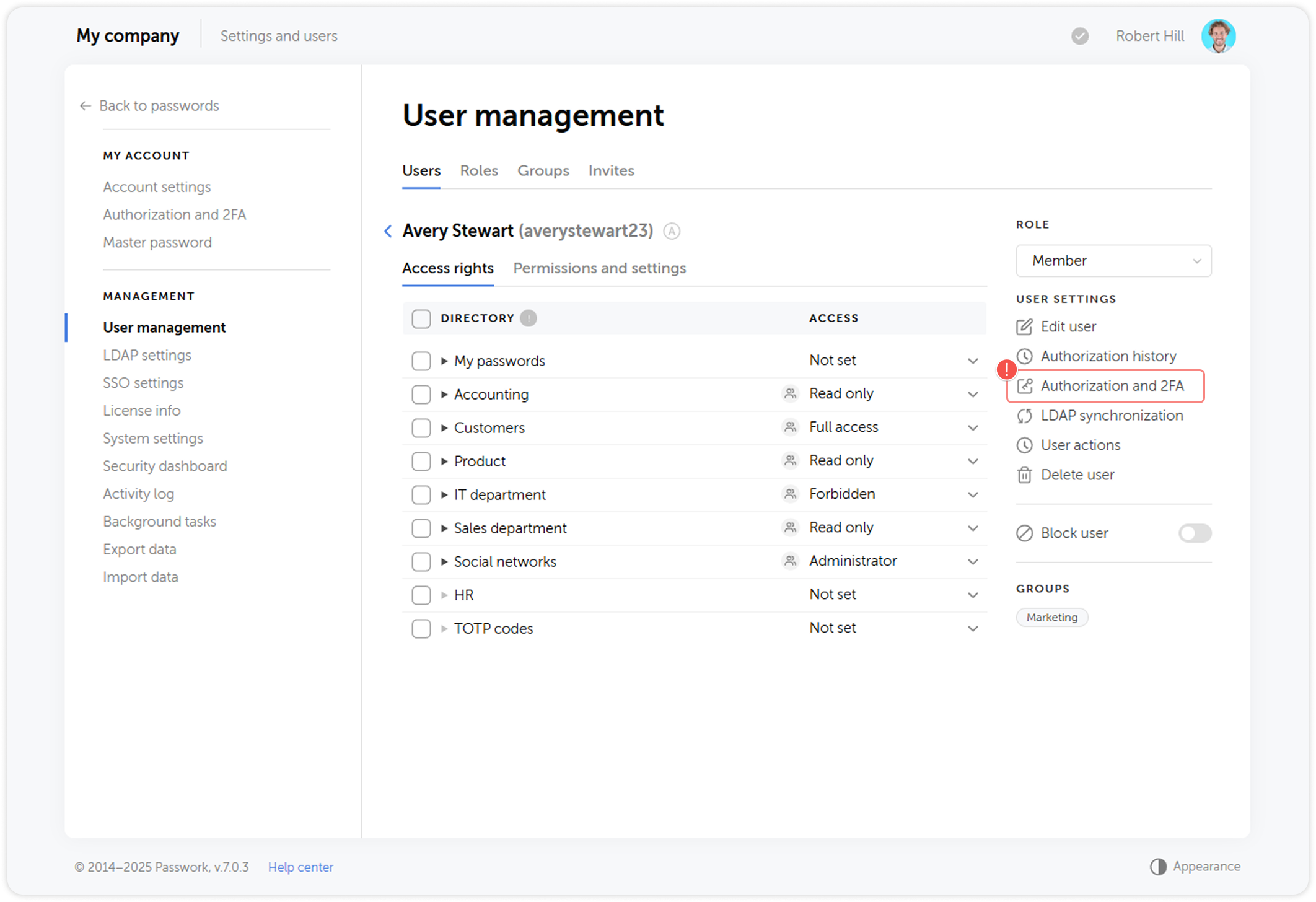 Authorization and 2FA panel