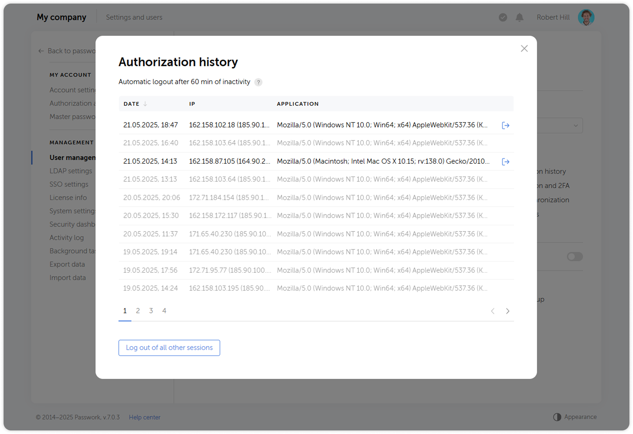 Authorization history window