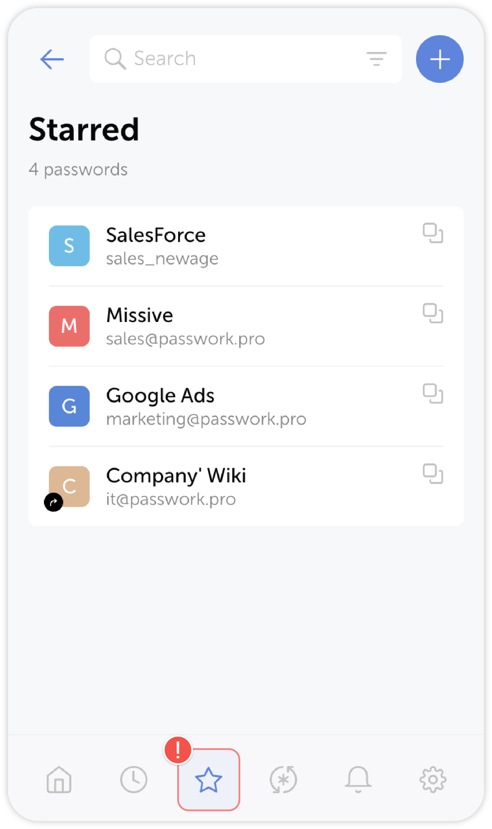 Starred passwords list
