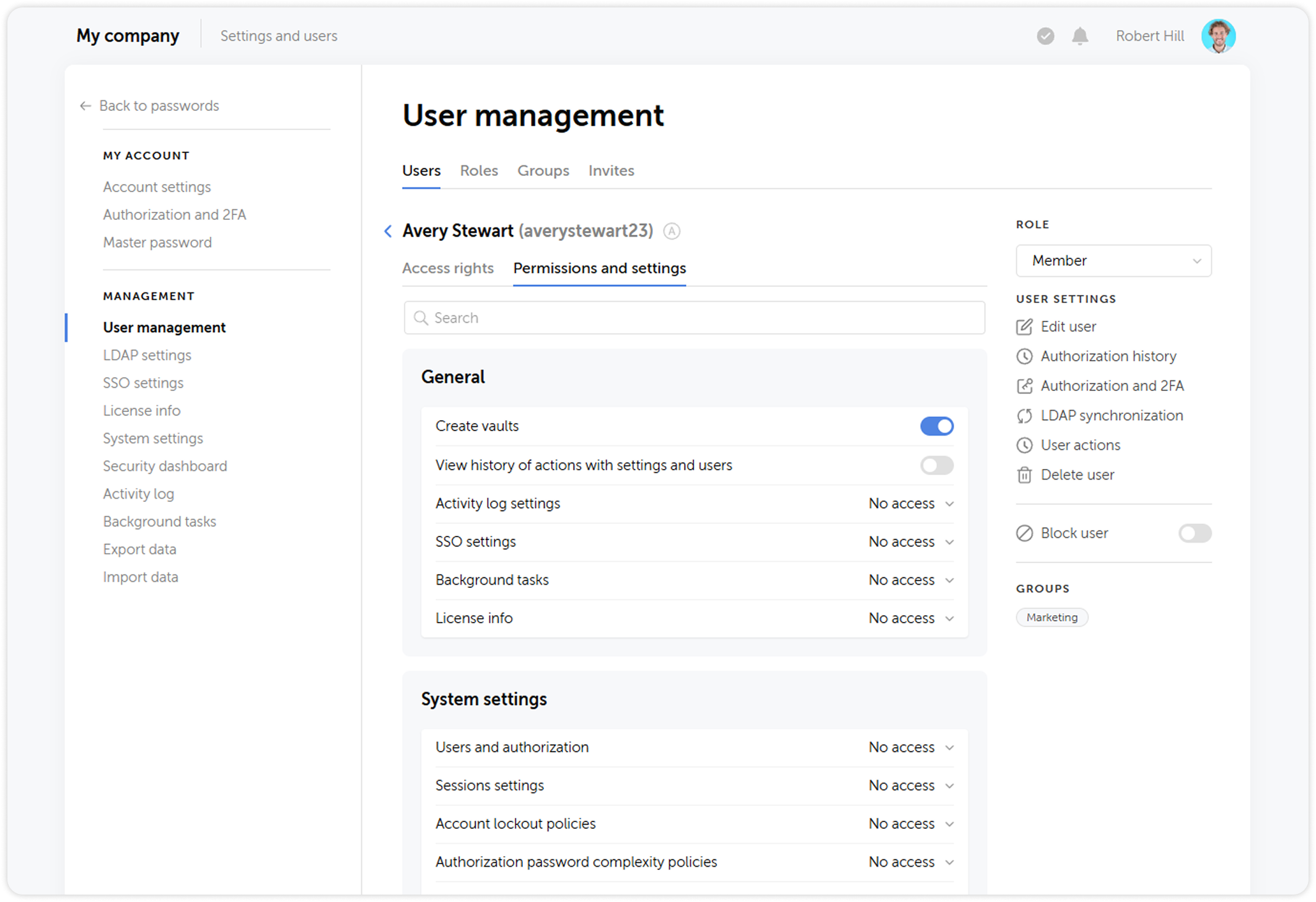 Permissions and settings tab