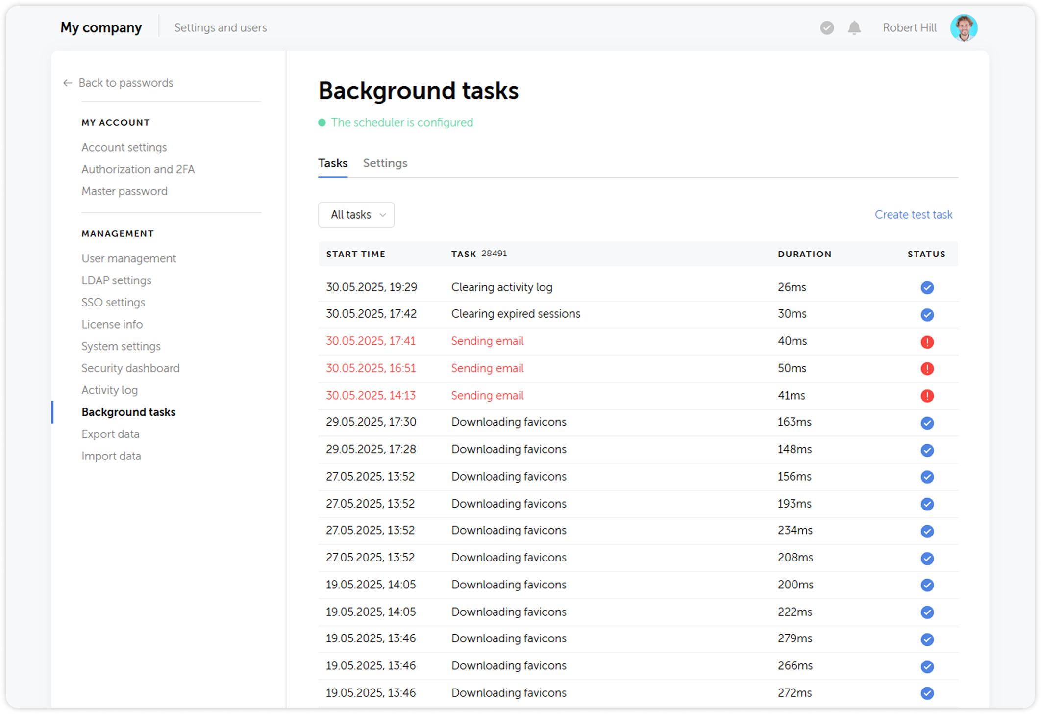 Background tasks section