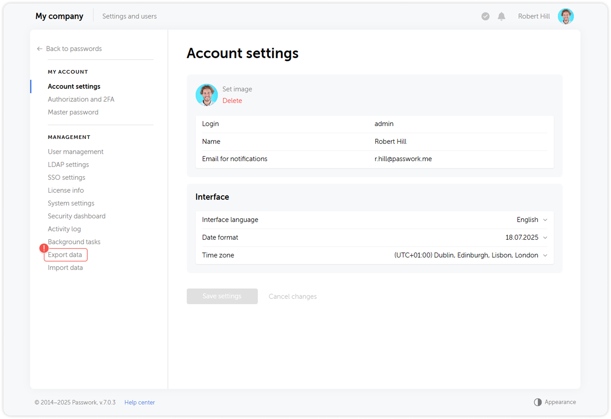 Export data button in Account settings