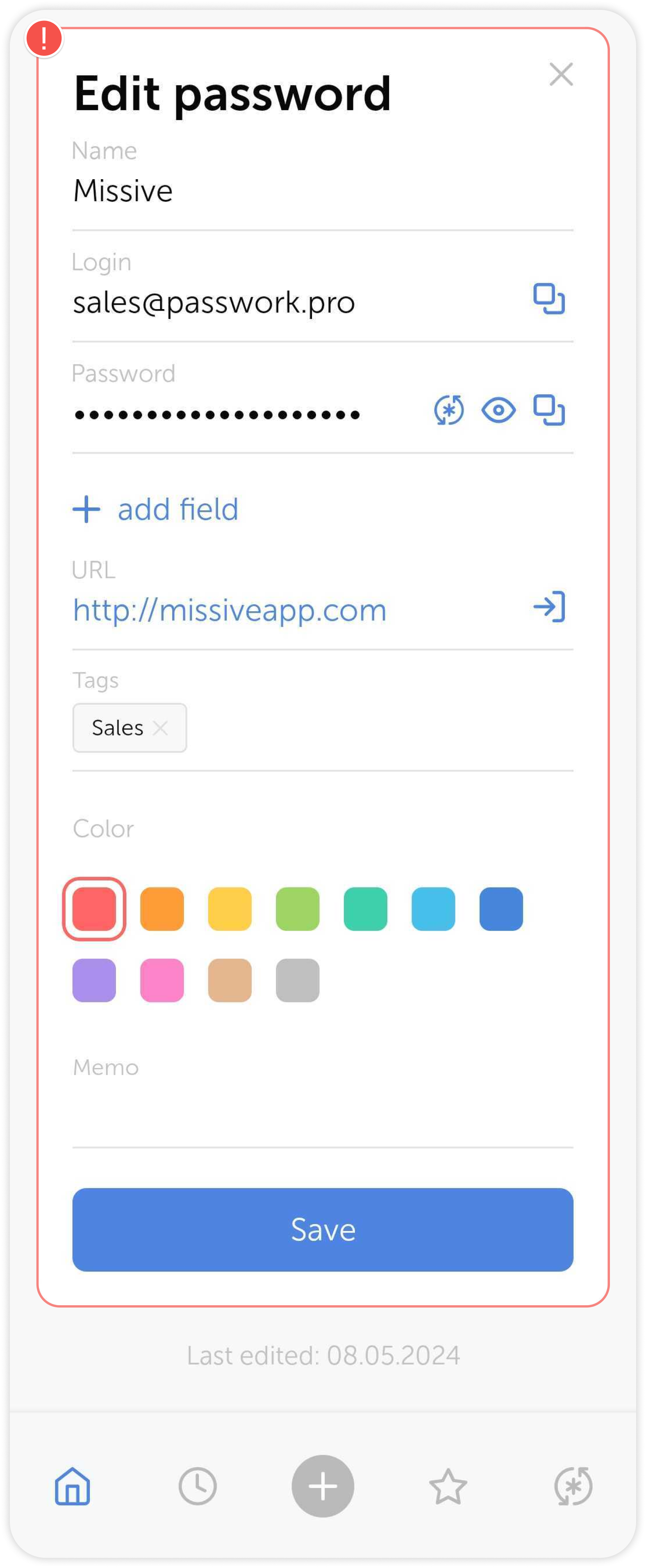 Edit password screen