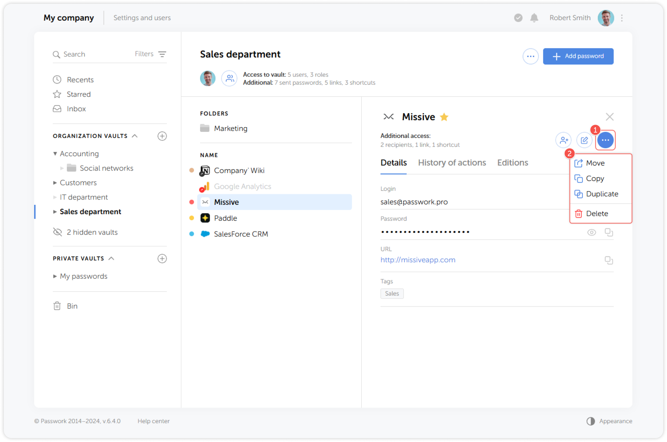 Password actions menu