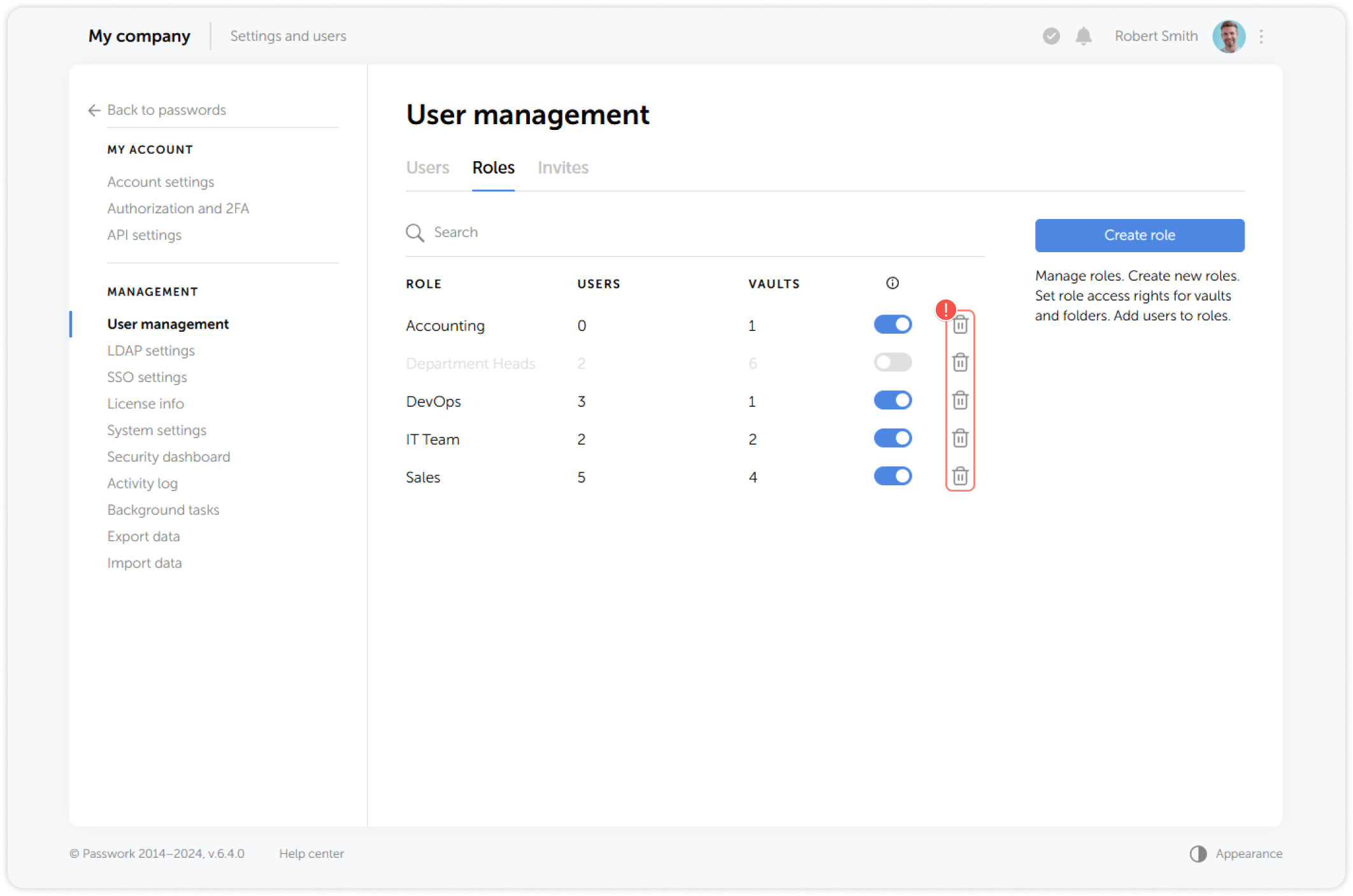 Delete role using bin icon