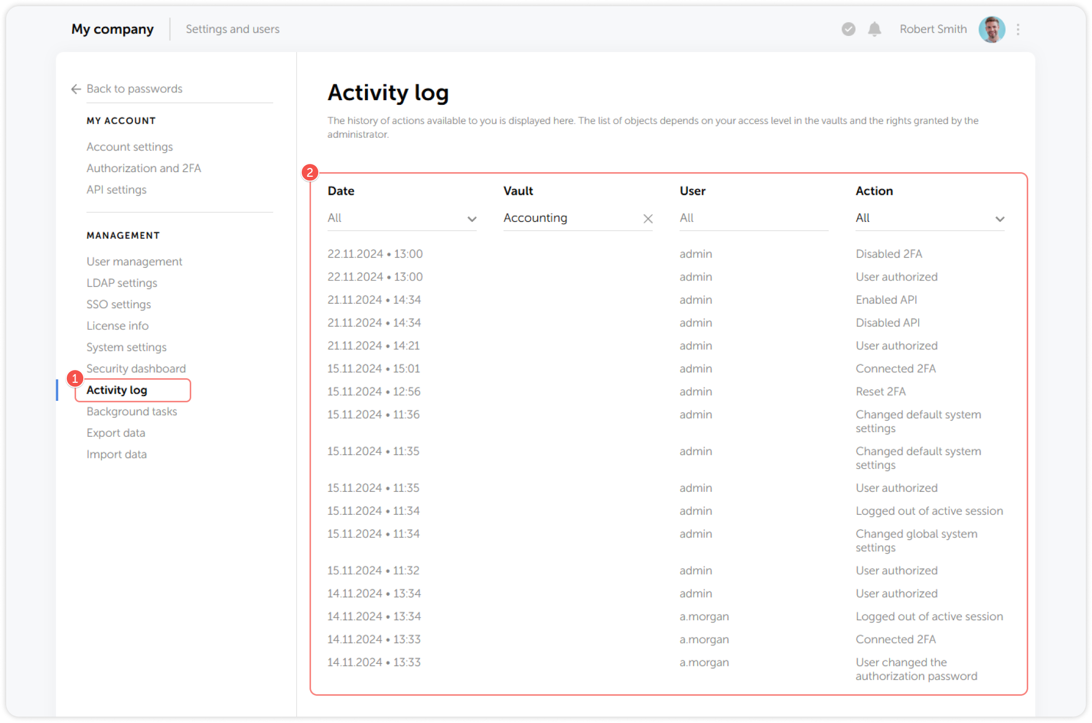 Activity log access from Settings and Users menu