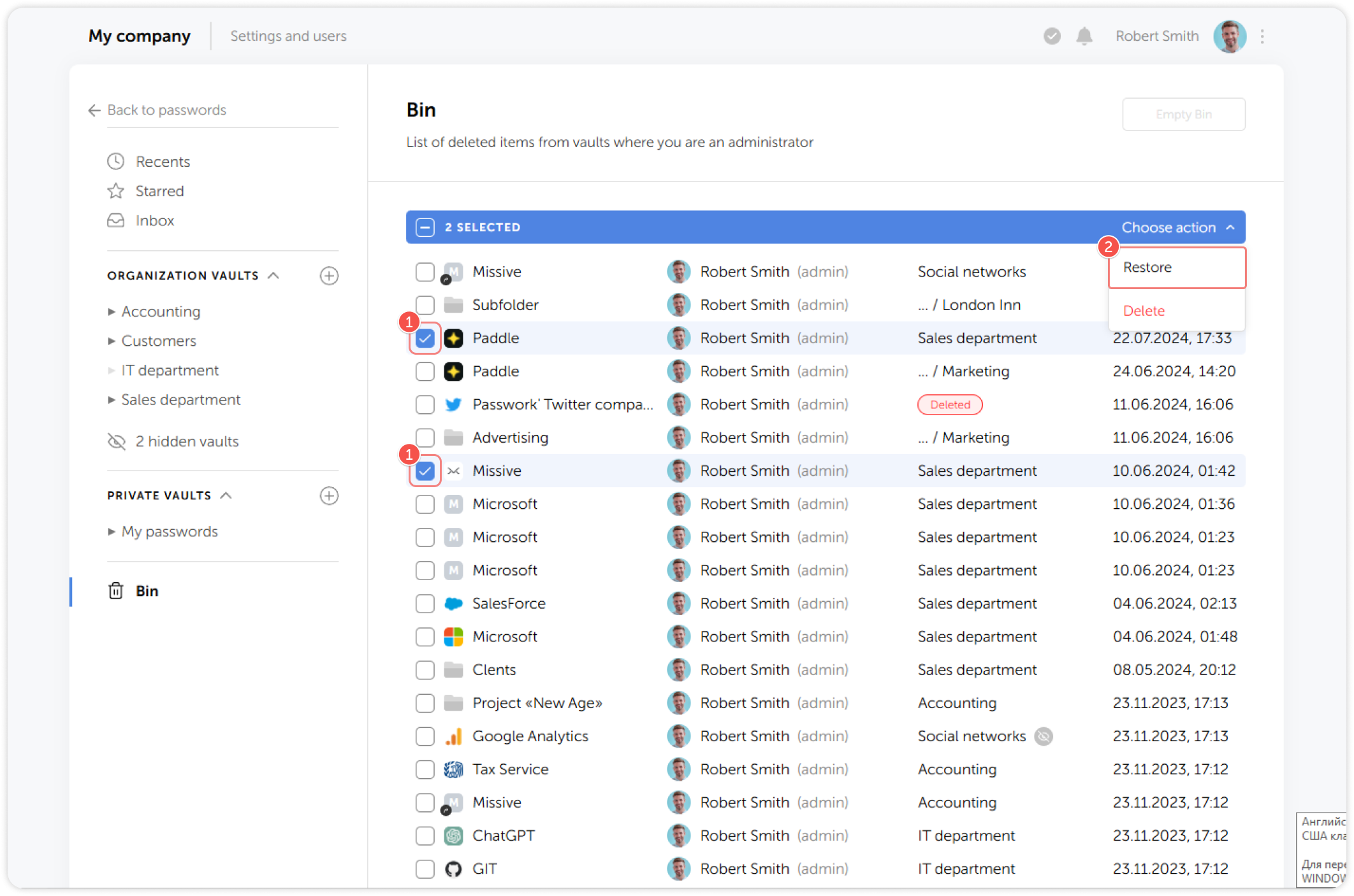 Restore items from bin