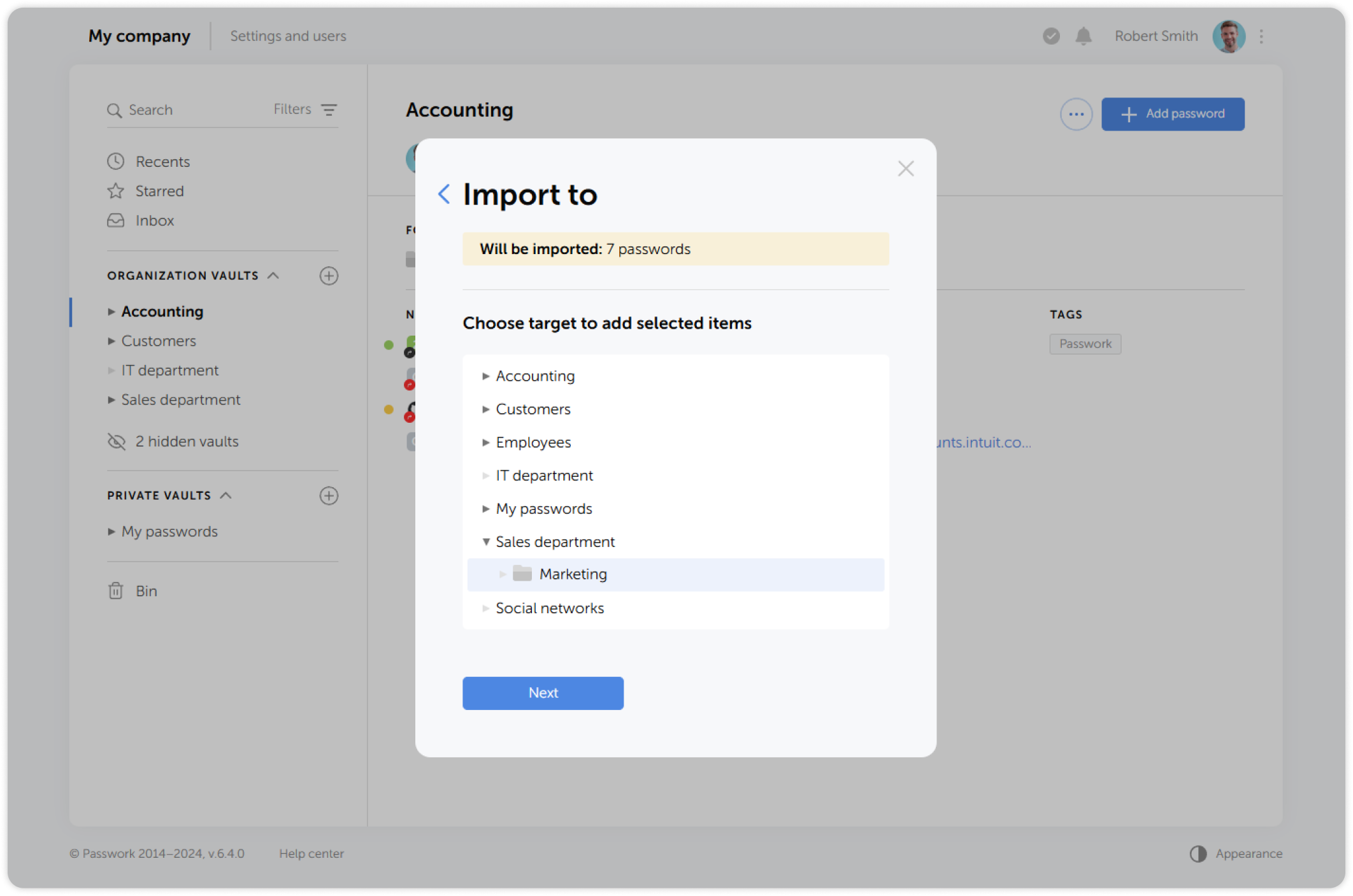 Import destination selection