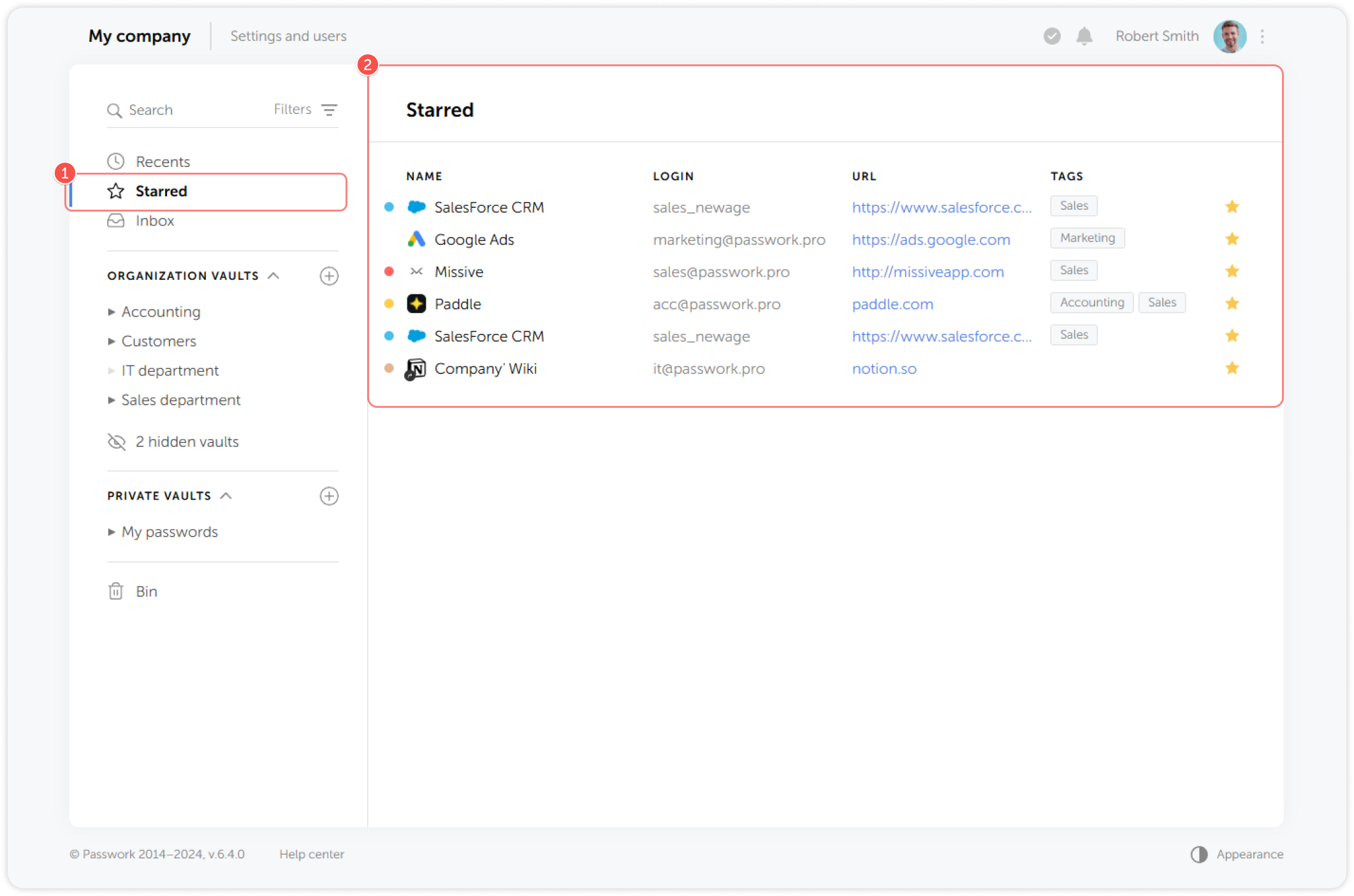 Starred passwords list