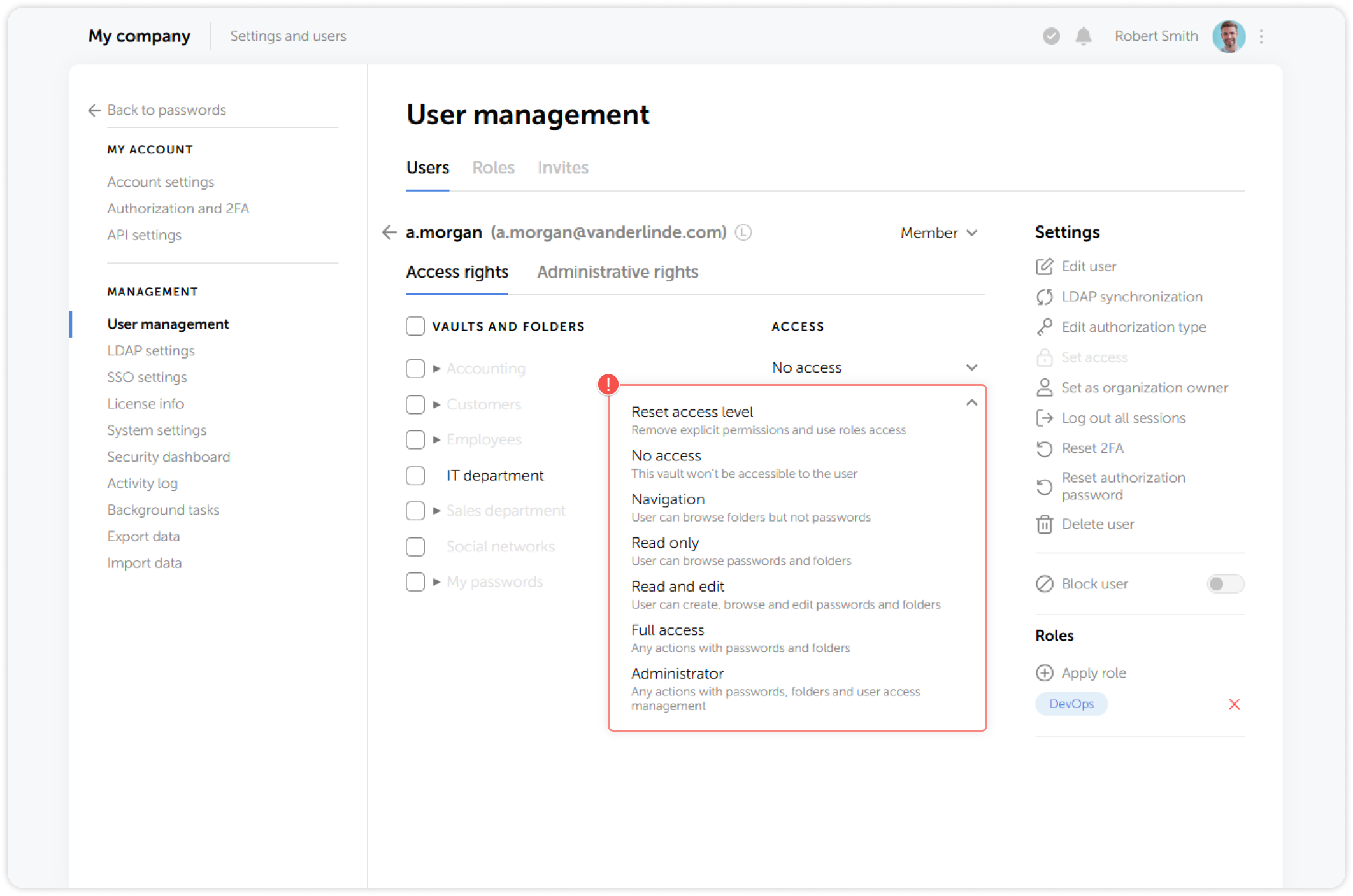 Access level dropdown menu