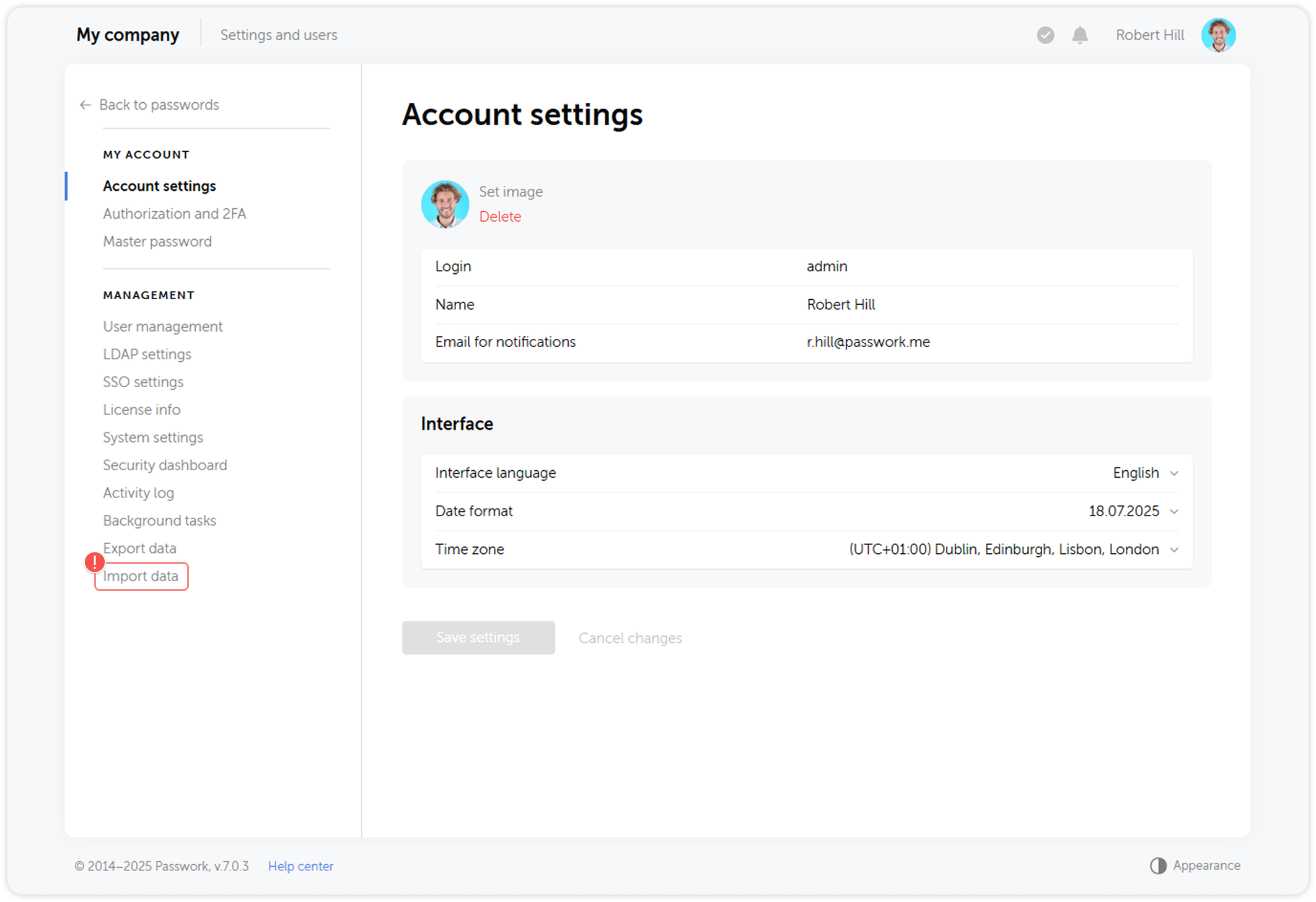 Import data button in Account settings