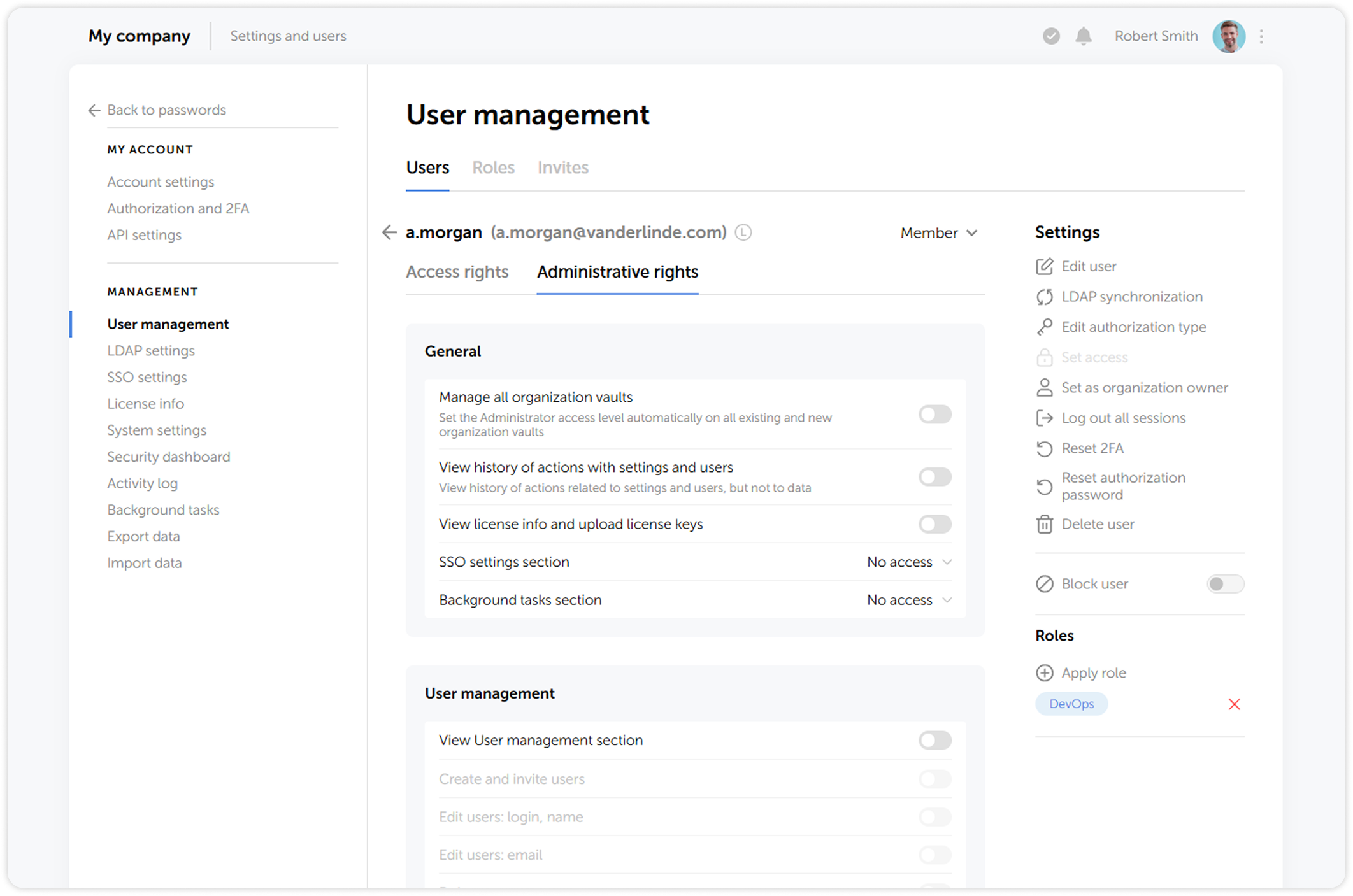 Administrative rights tab