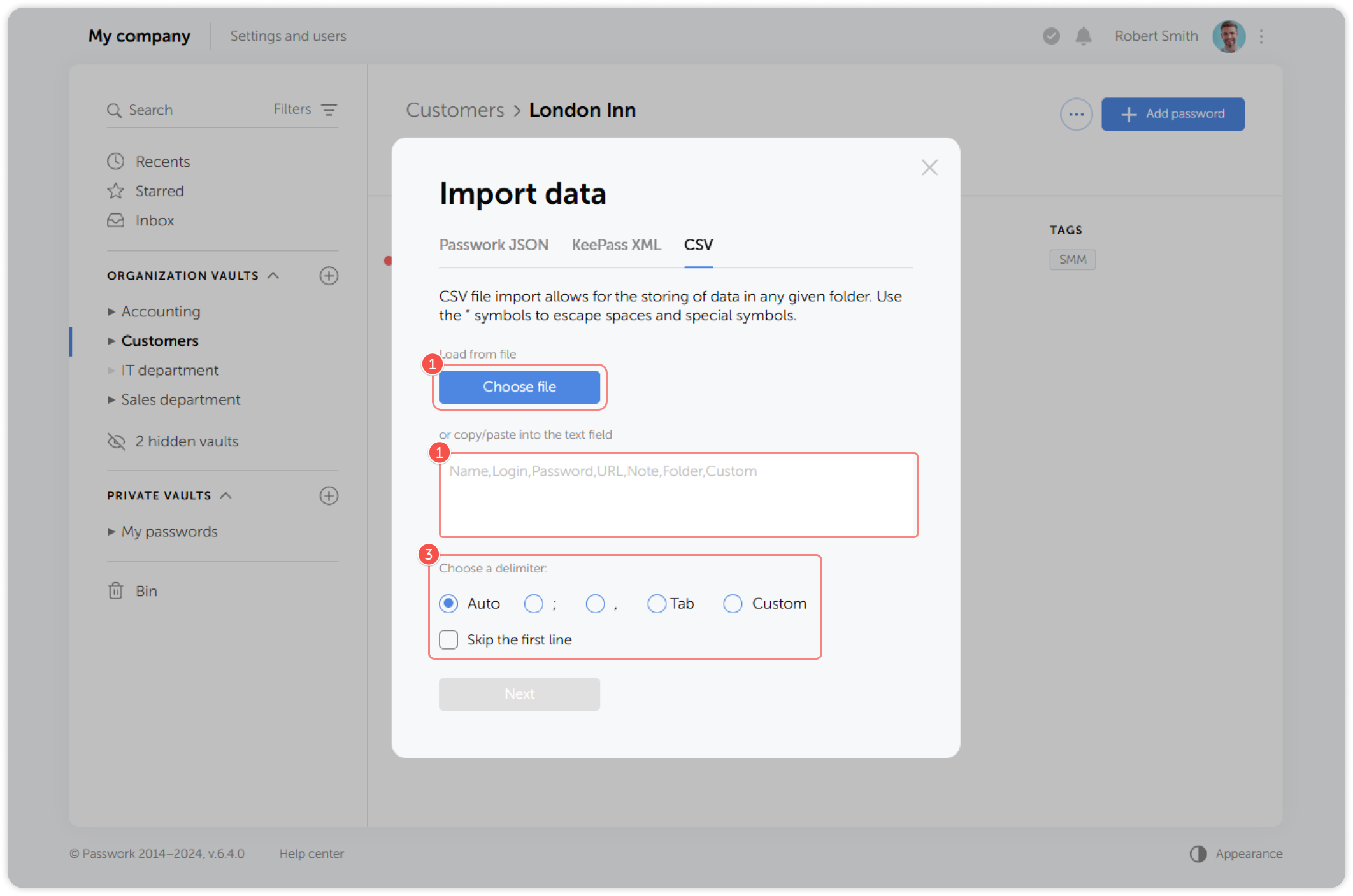 CSV upload and delimiter selection
