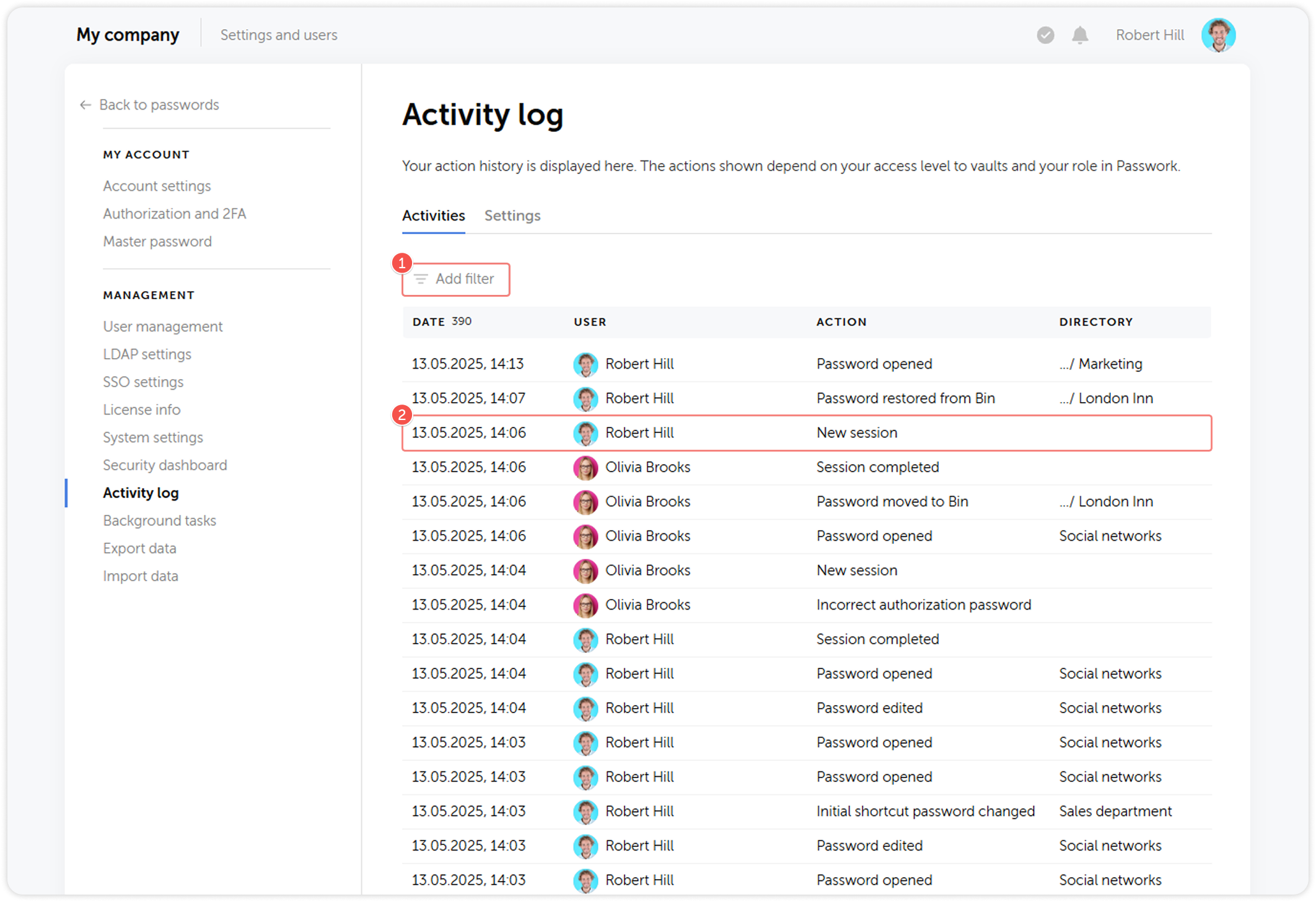 Activity log interface