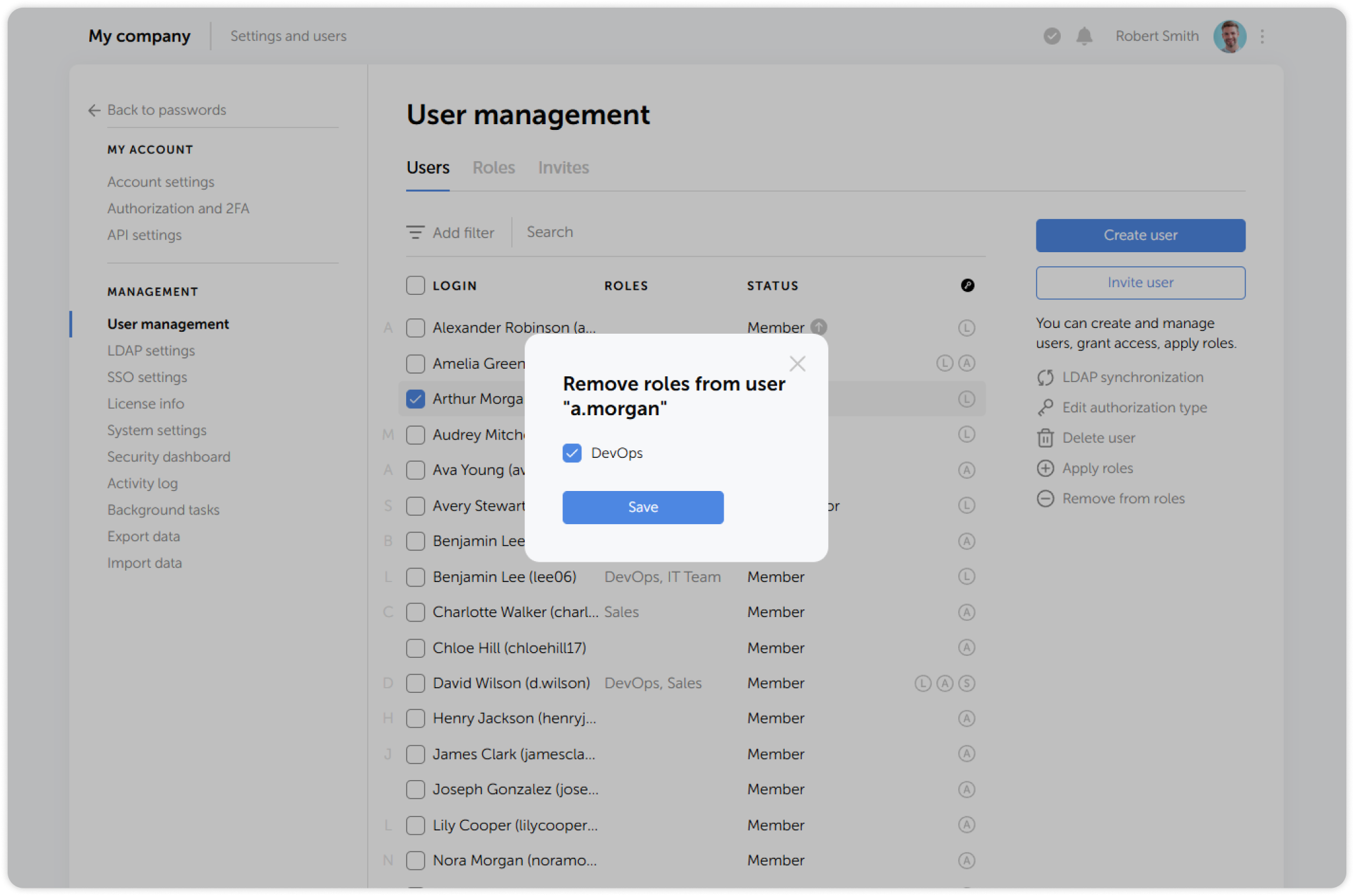 Select roles to remove