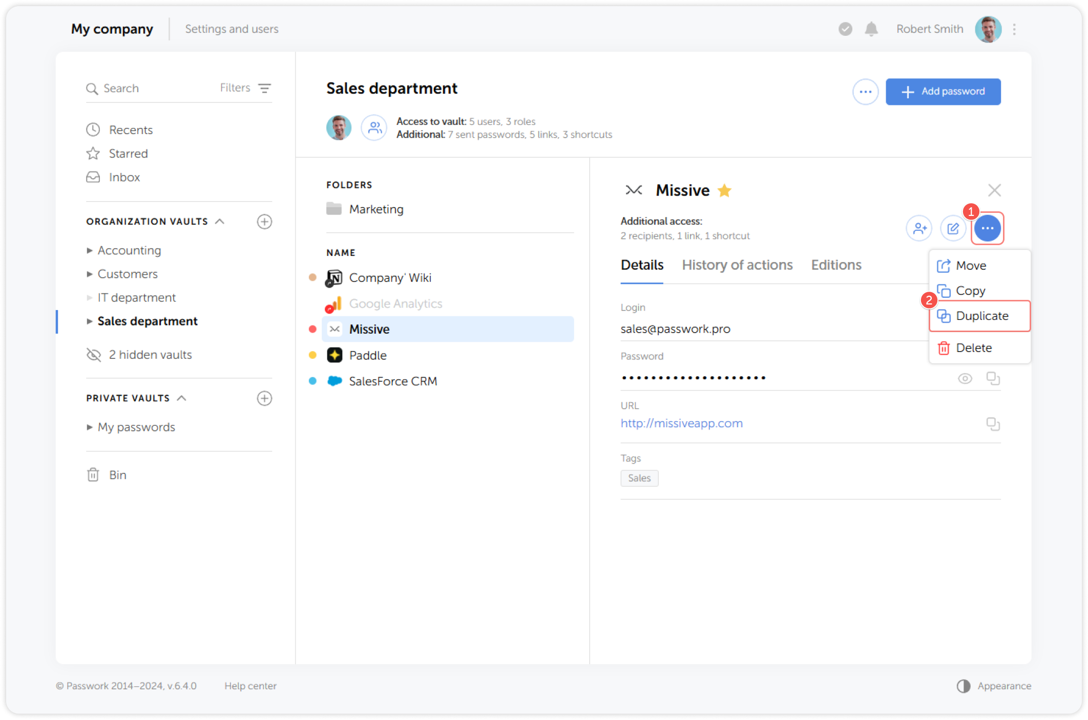Duplicate password option in dropdown menu