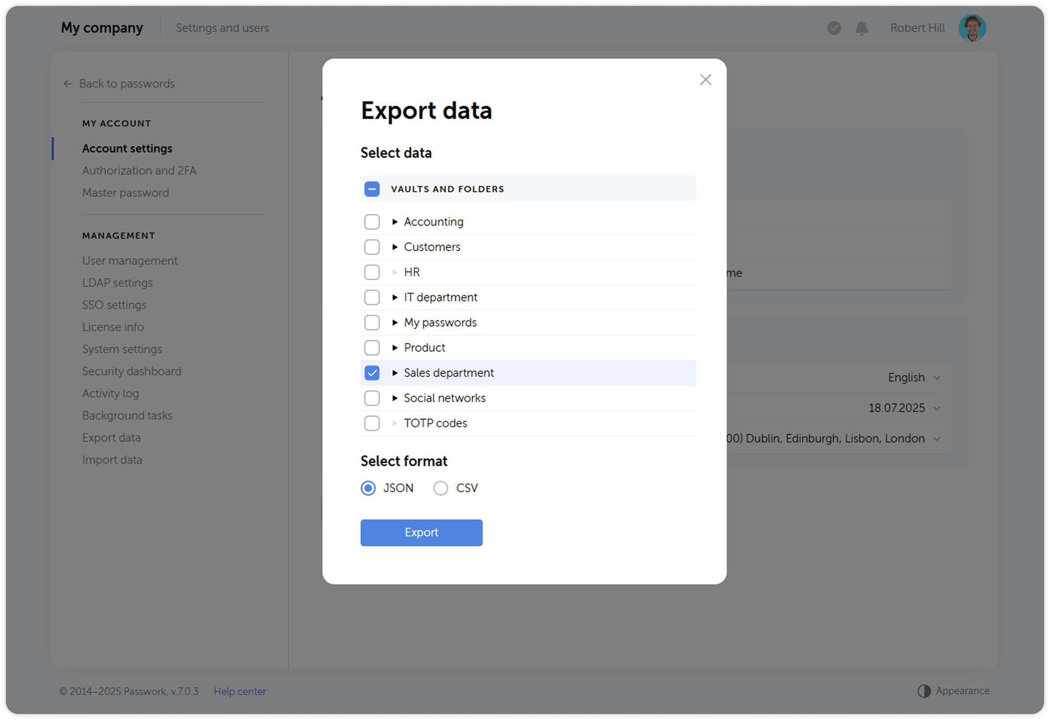 Export data dialog window