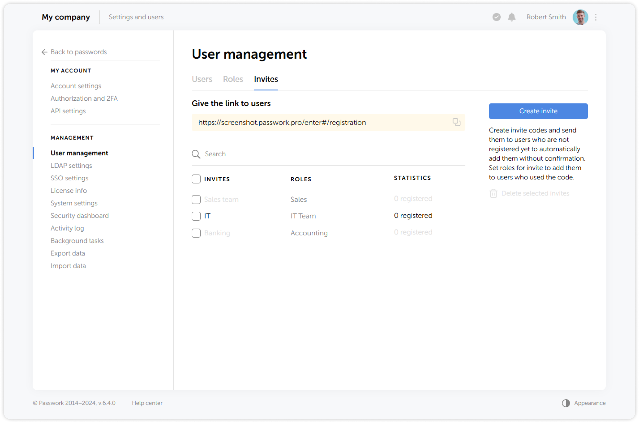Invites management interface