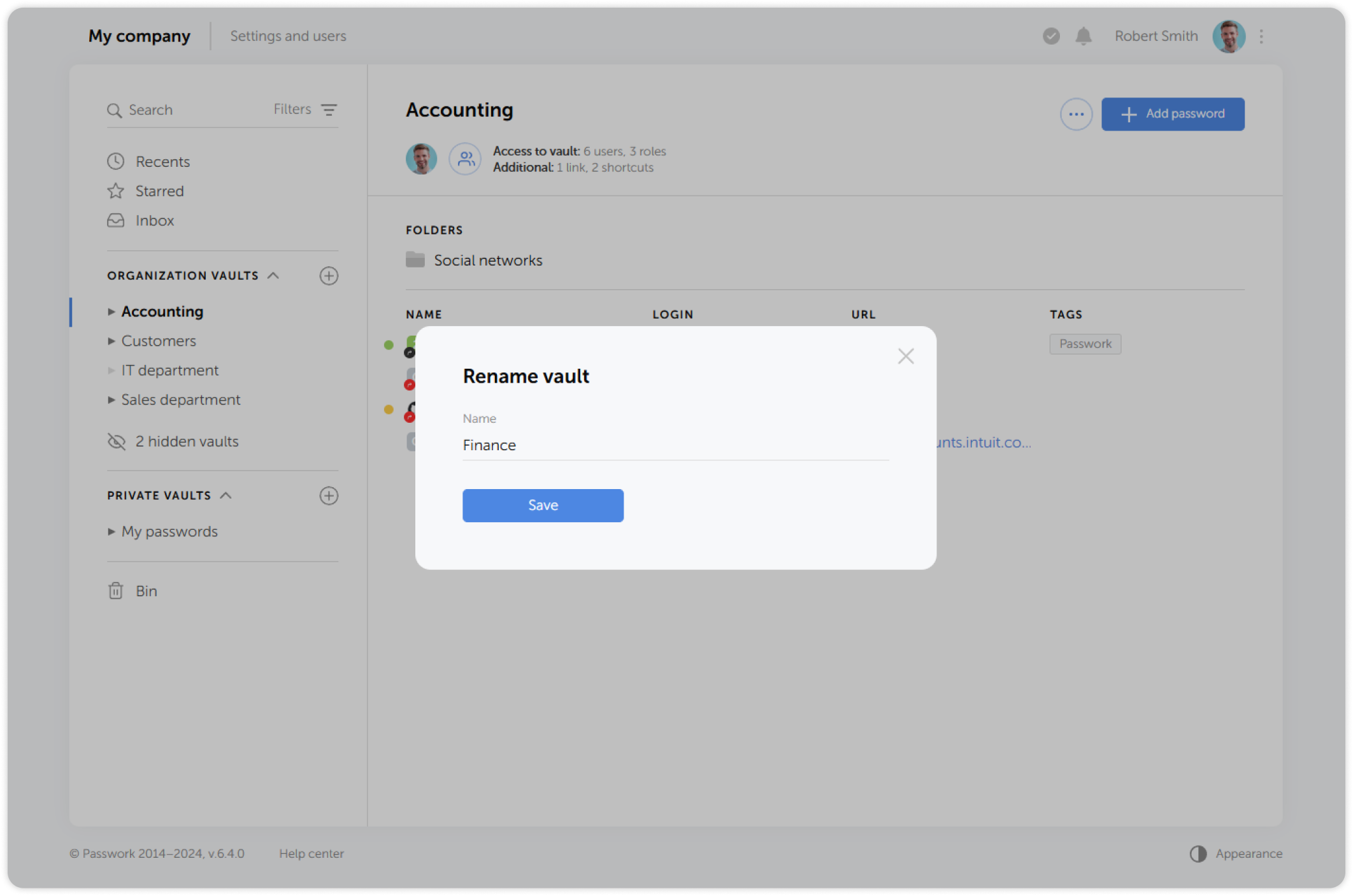 Rename vault dialog with new name input