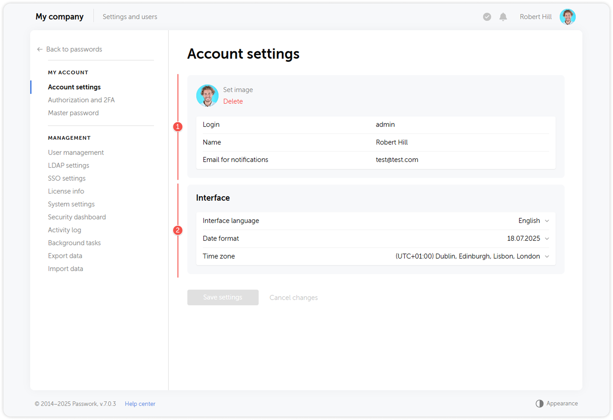 Account settings interface