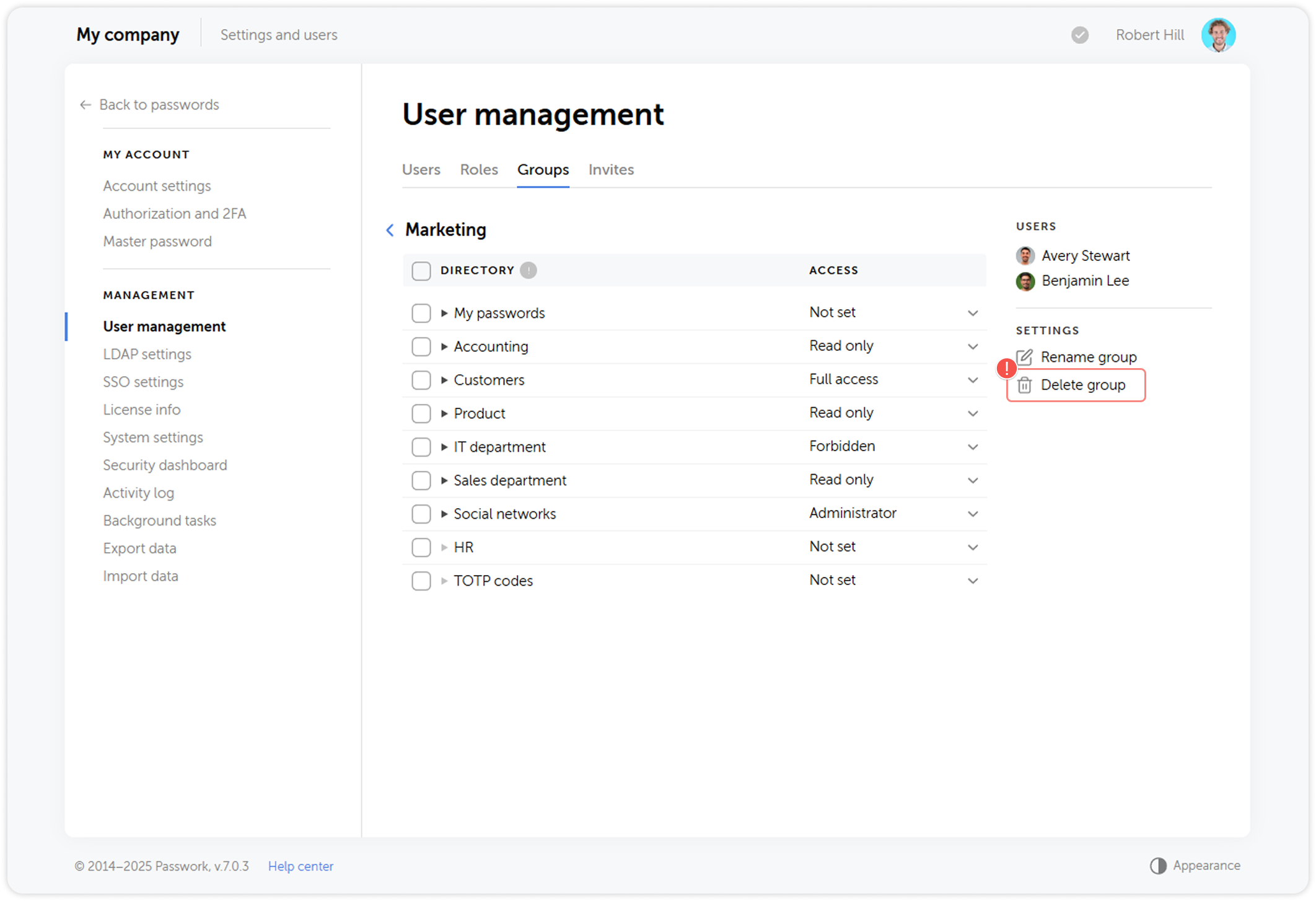 Delete group button