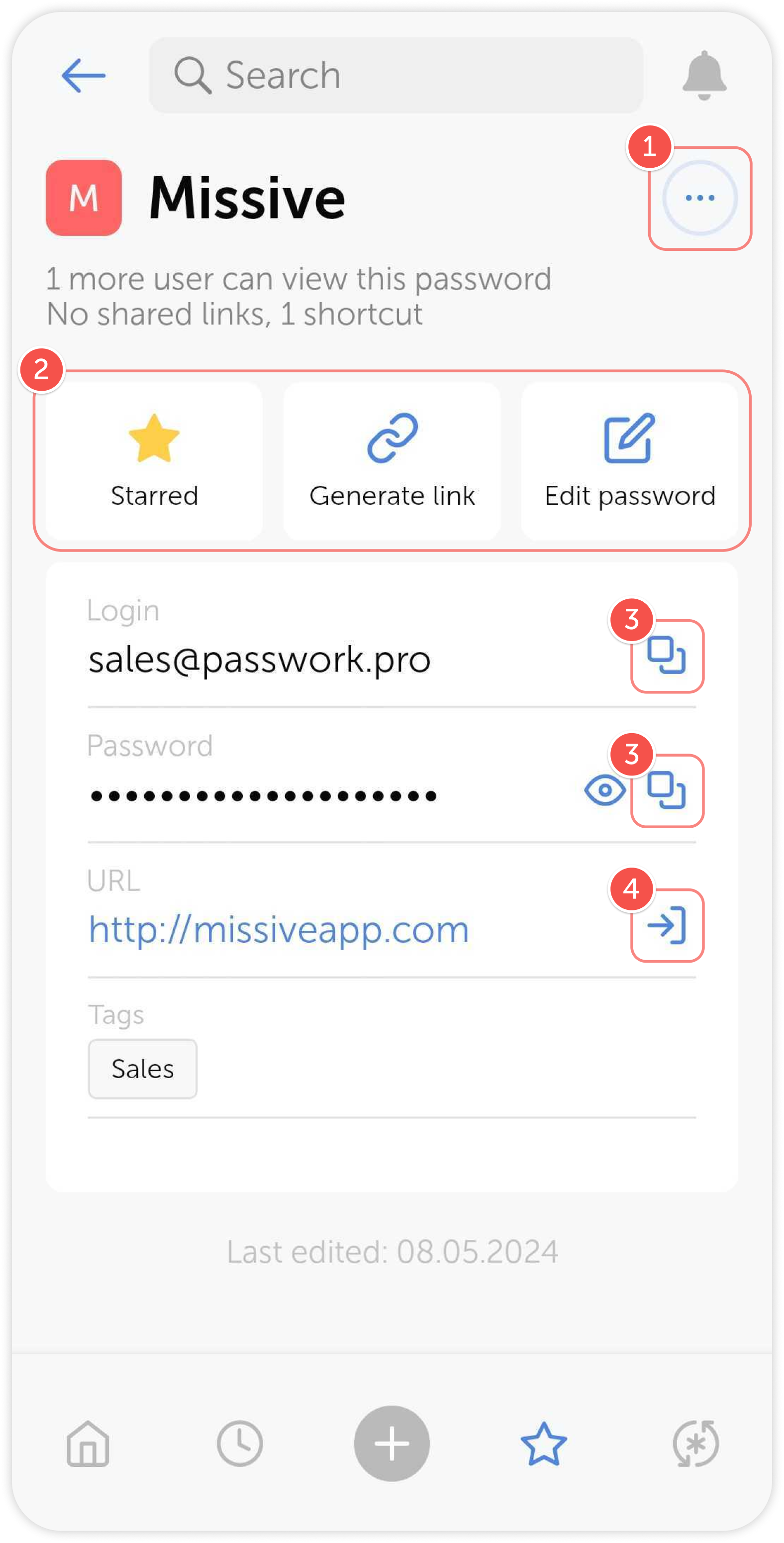 Password card with quick actions