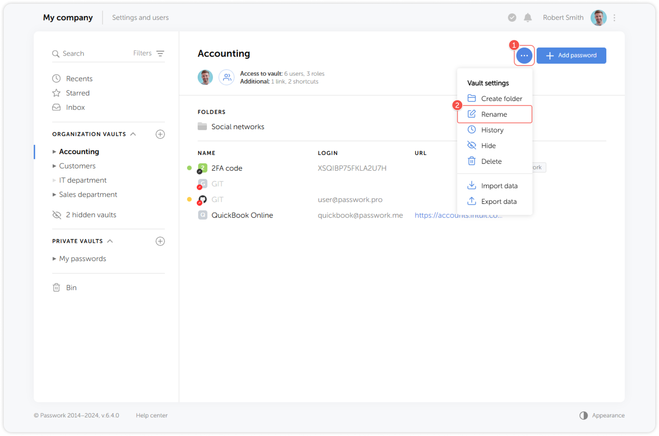 Vault settings dropdown menu with rename option
