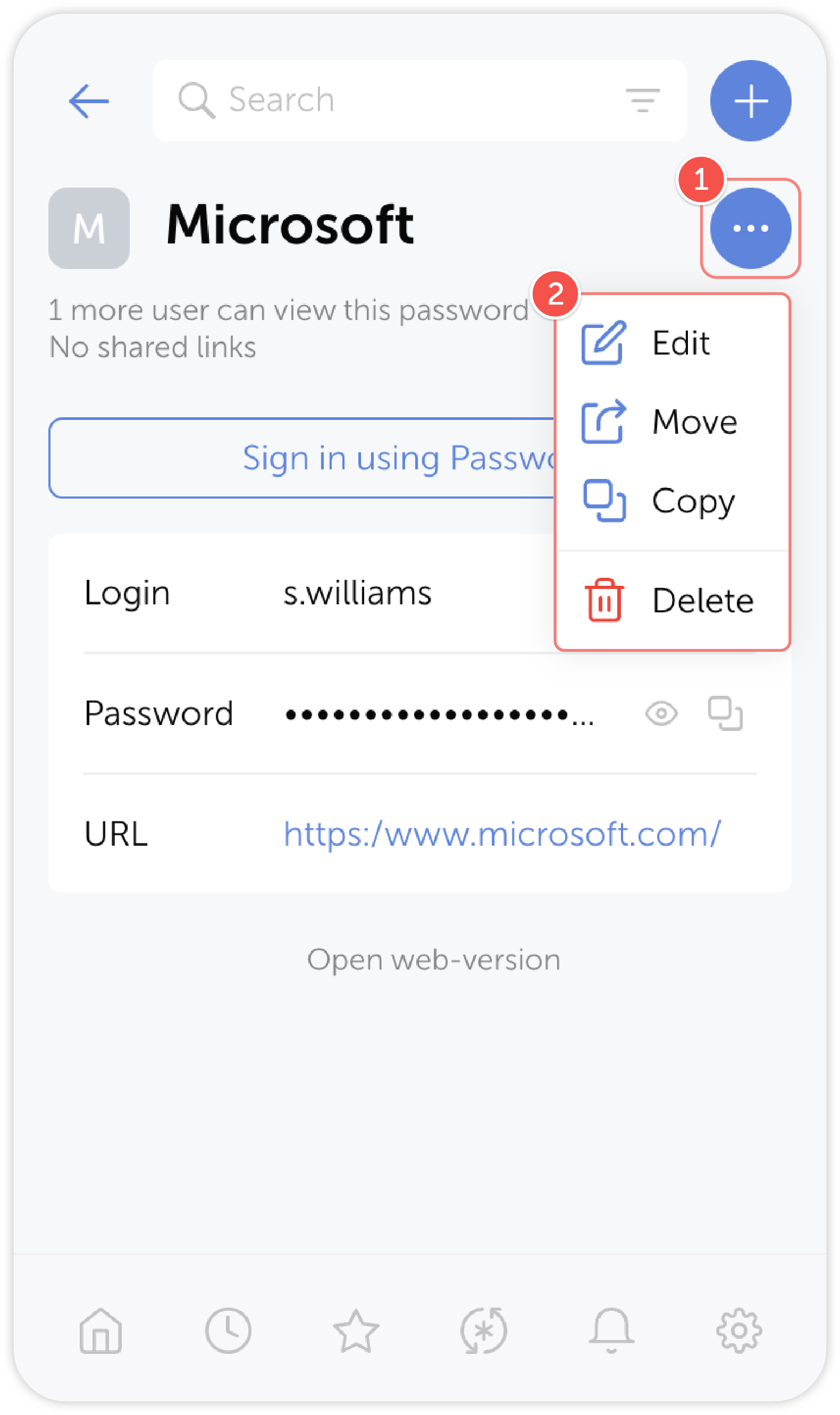 Password actions menu