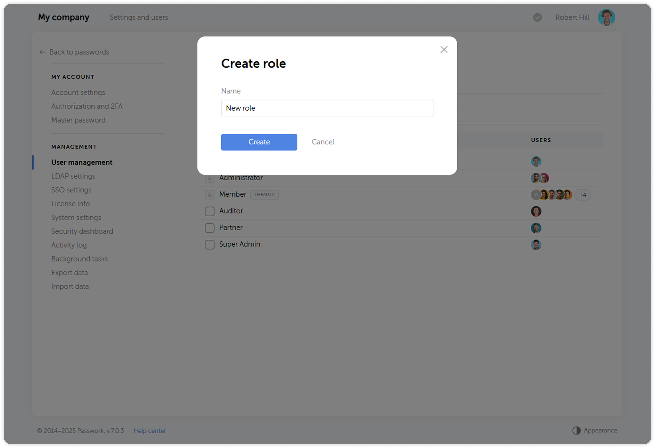 Create role dialog