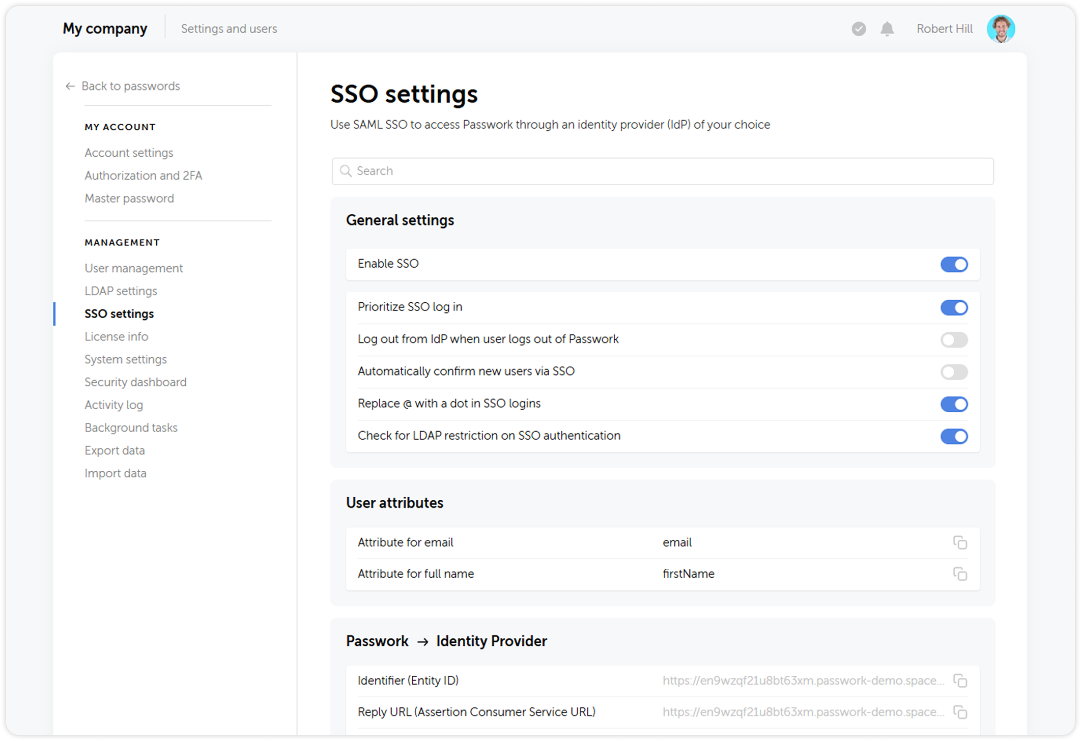 SSO settings page