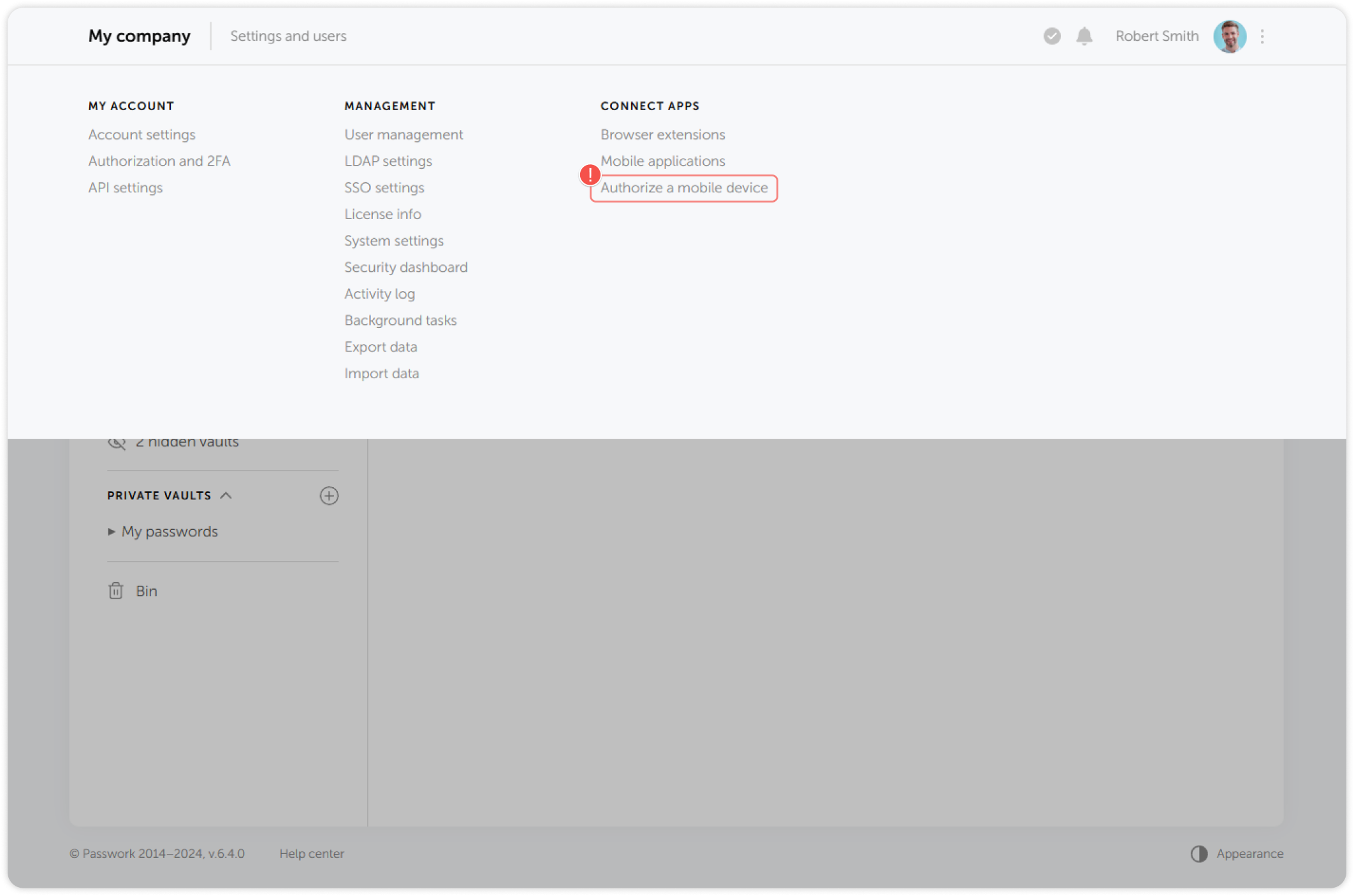 Authorize mobile device in settings