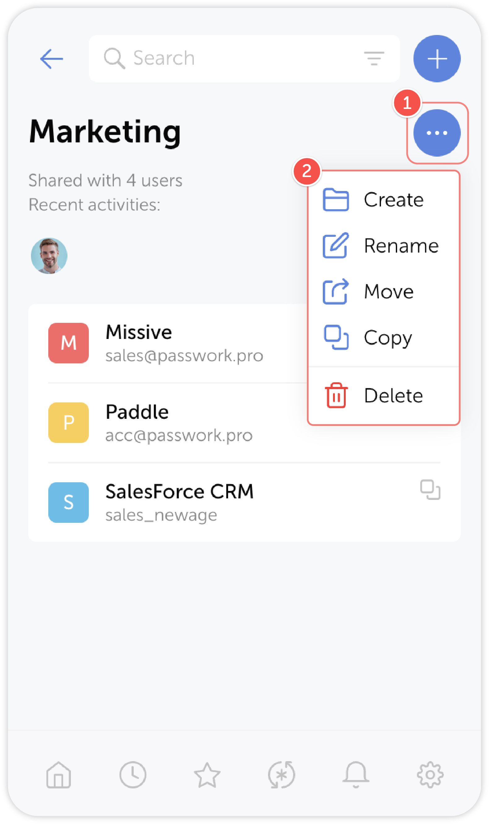 Folder actions menu