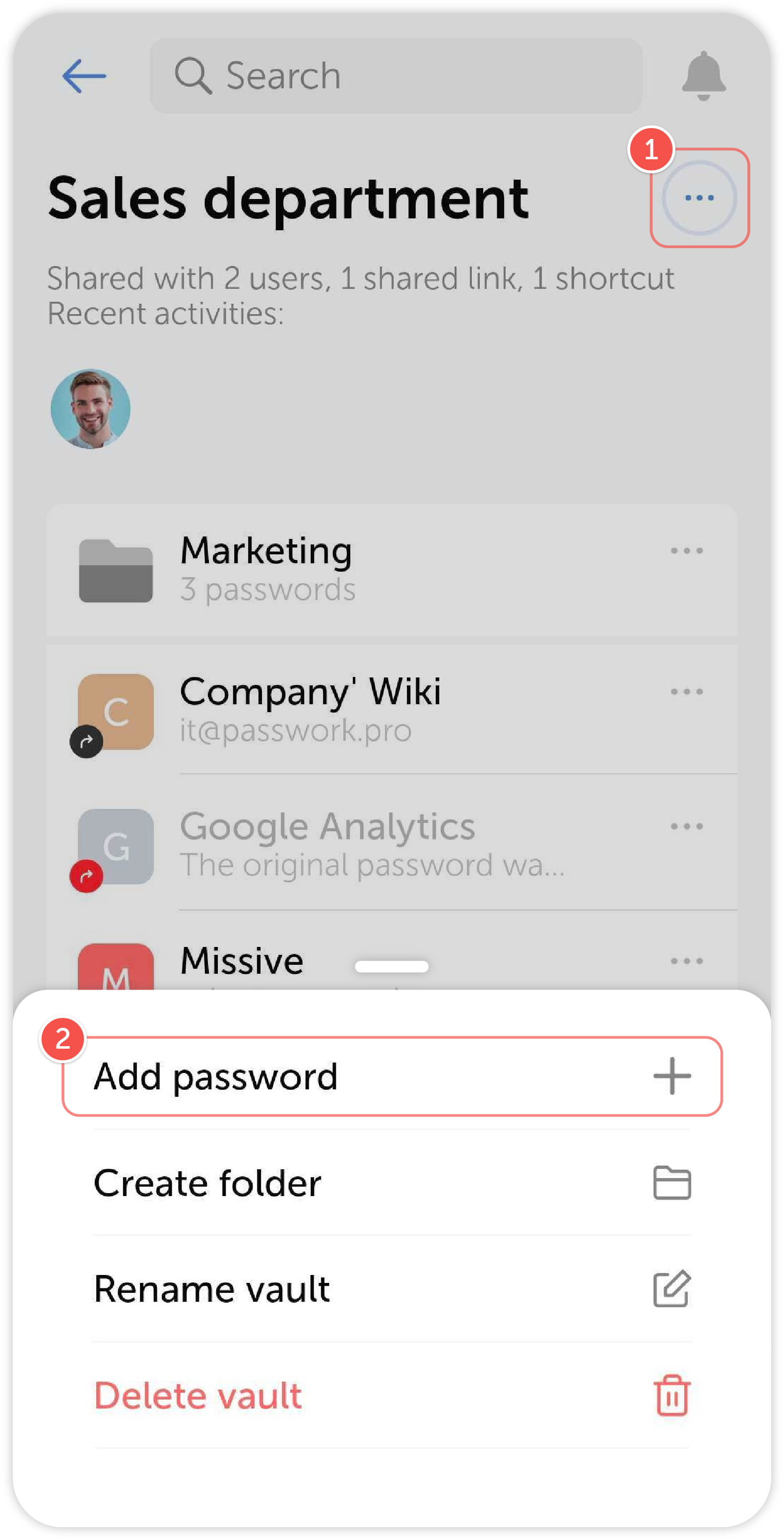 Vault and folder actions menu