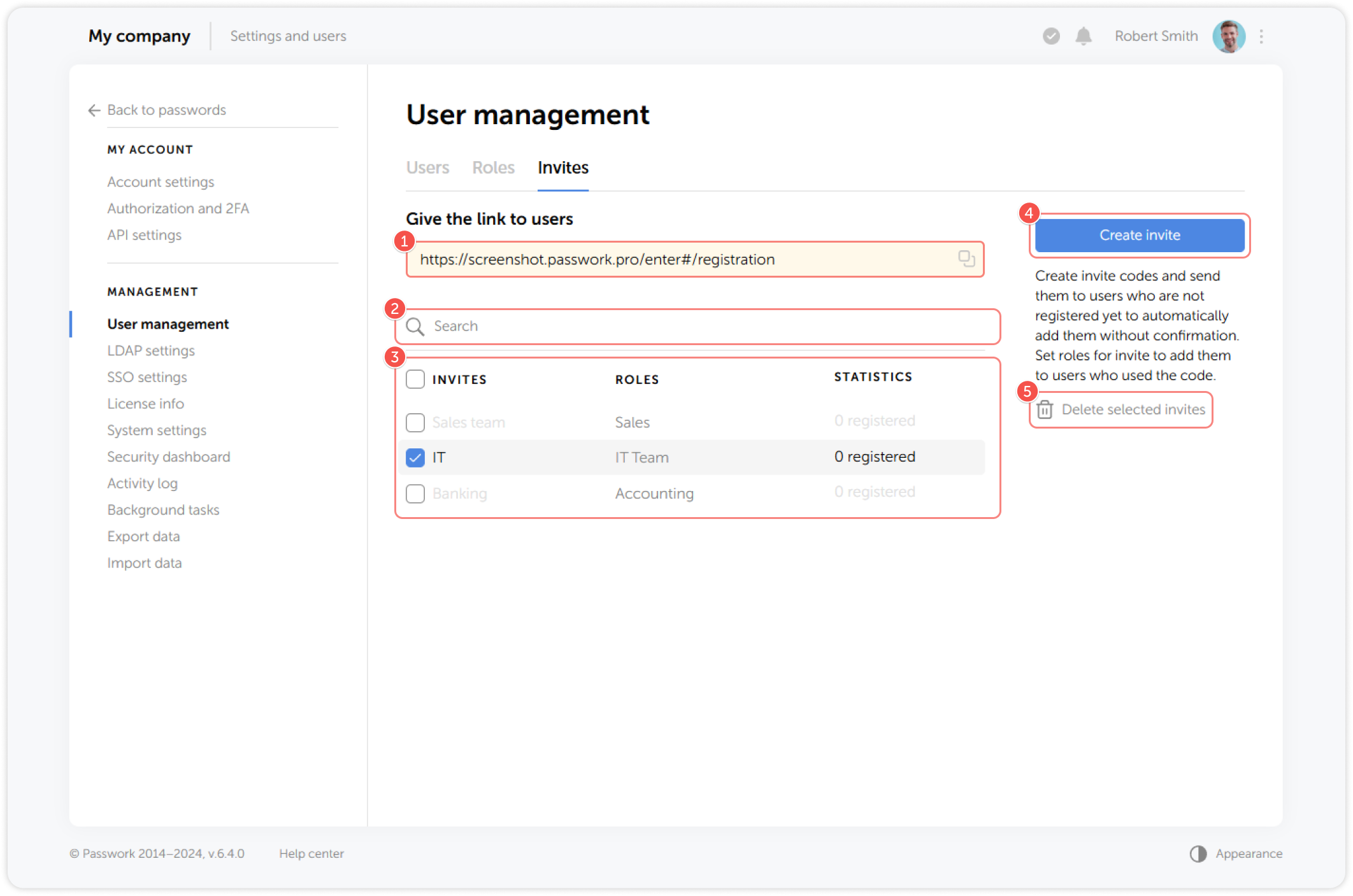 Invites management interface