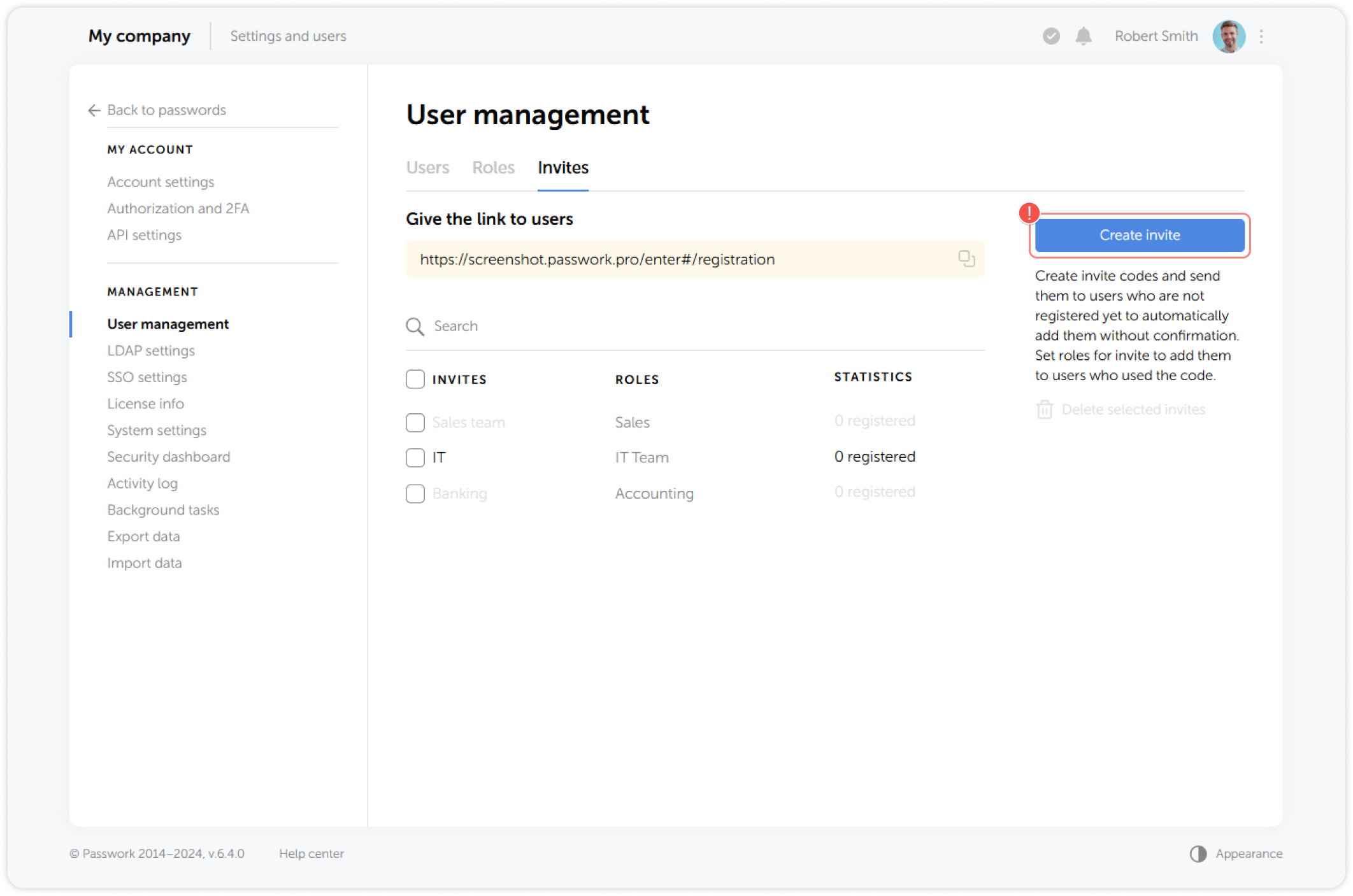 Create invite button