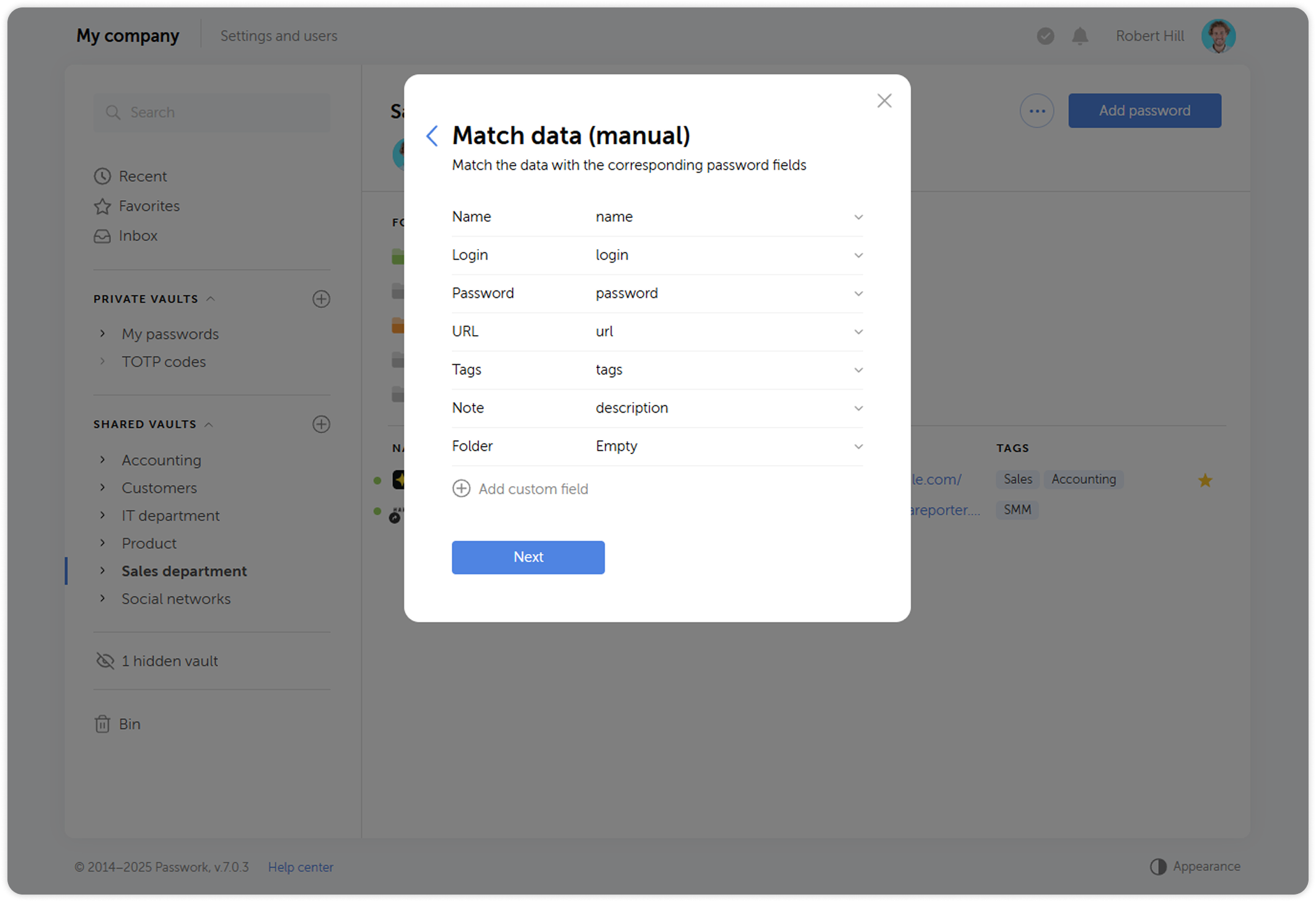 Field matching interface