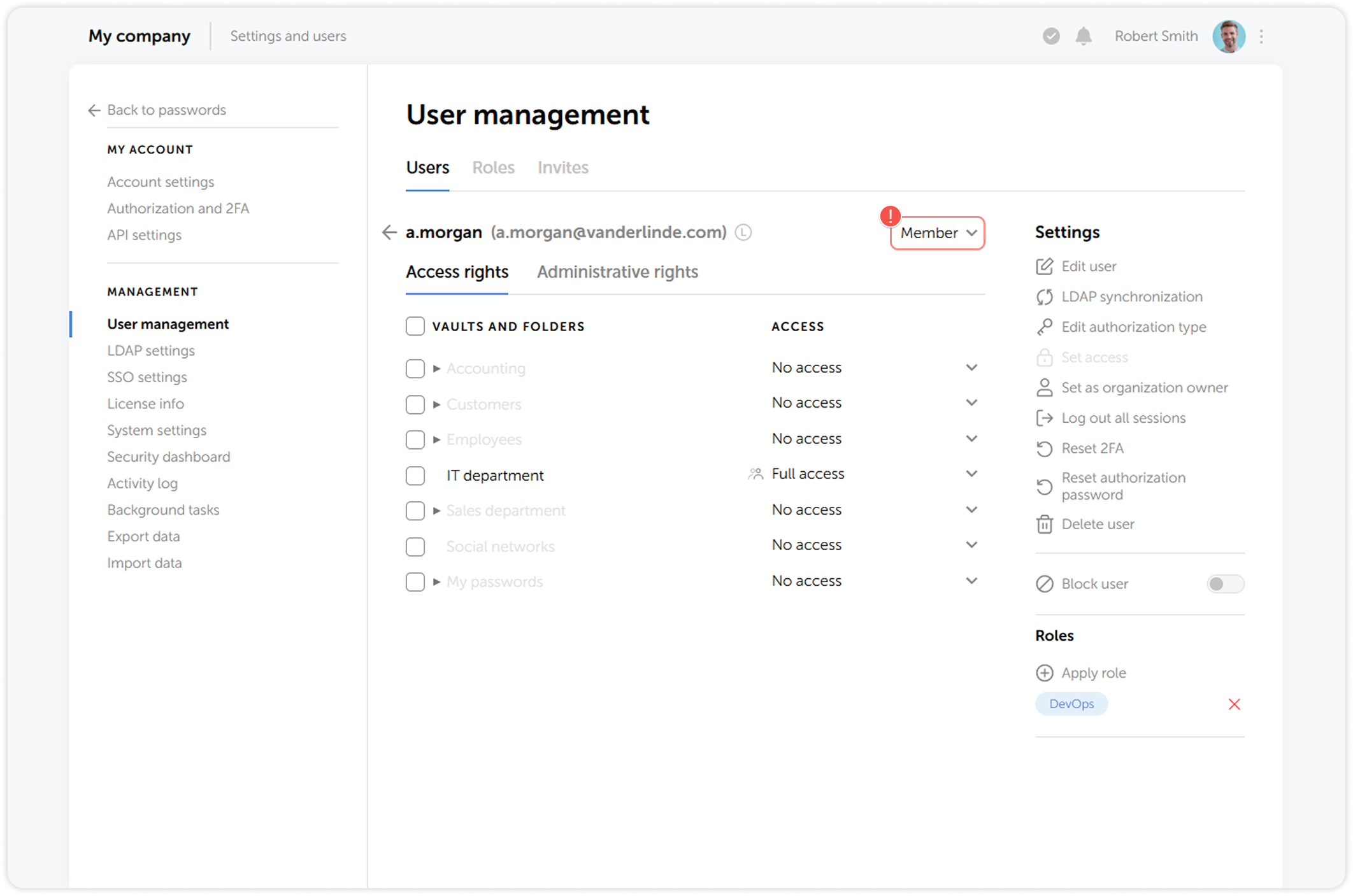 Change user status dropdown menu