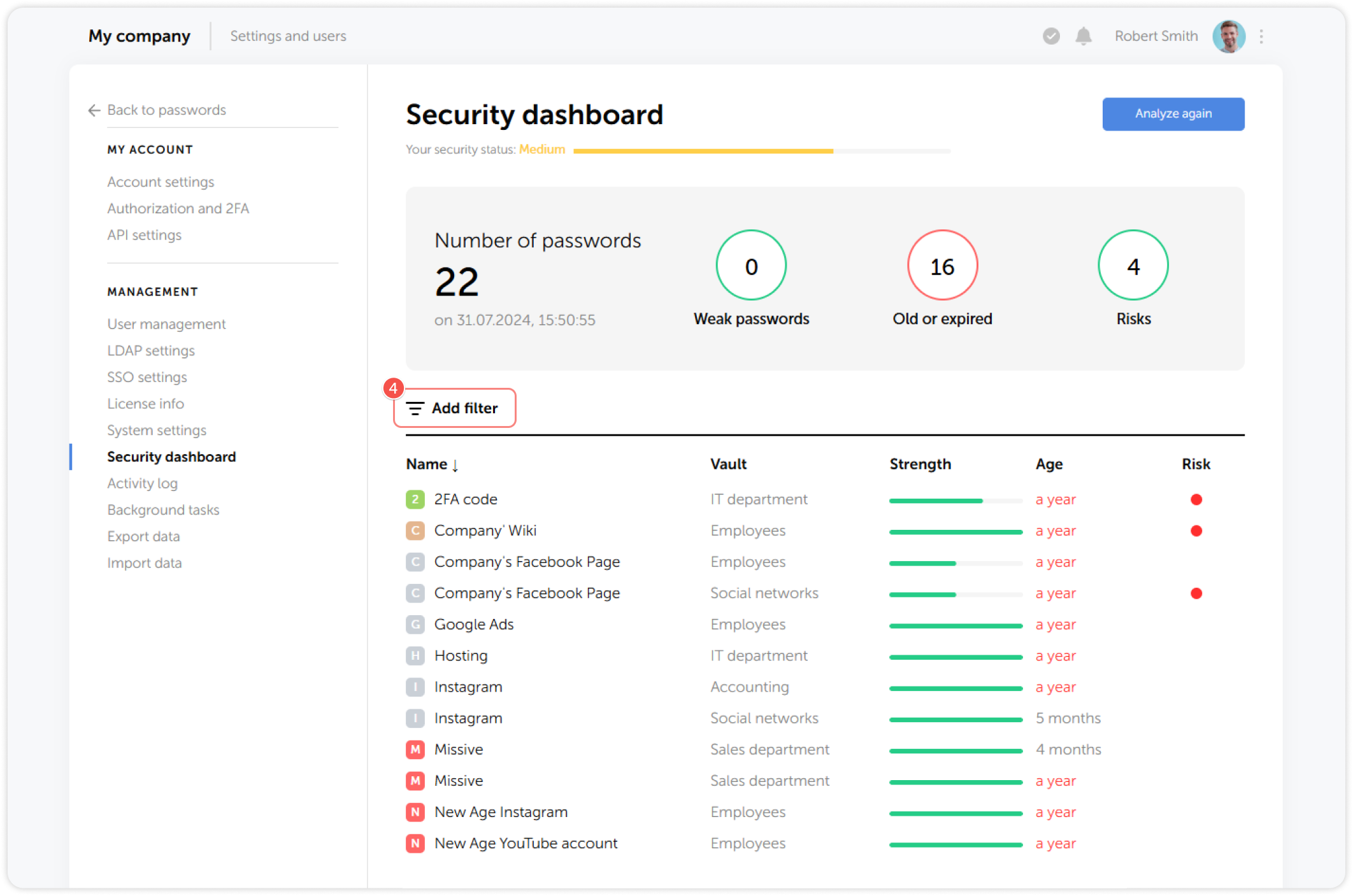Security dashboard filters
