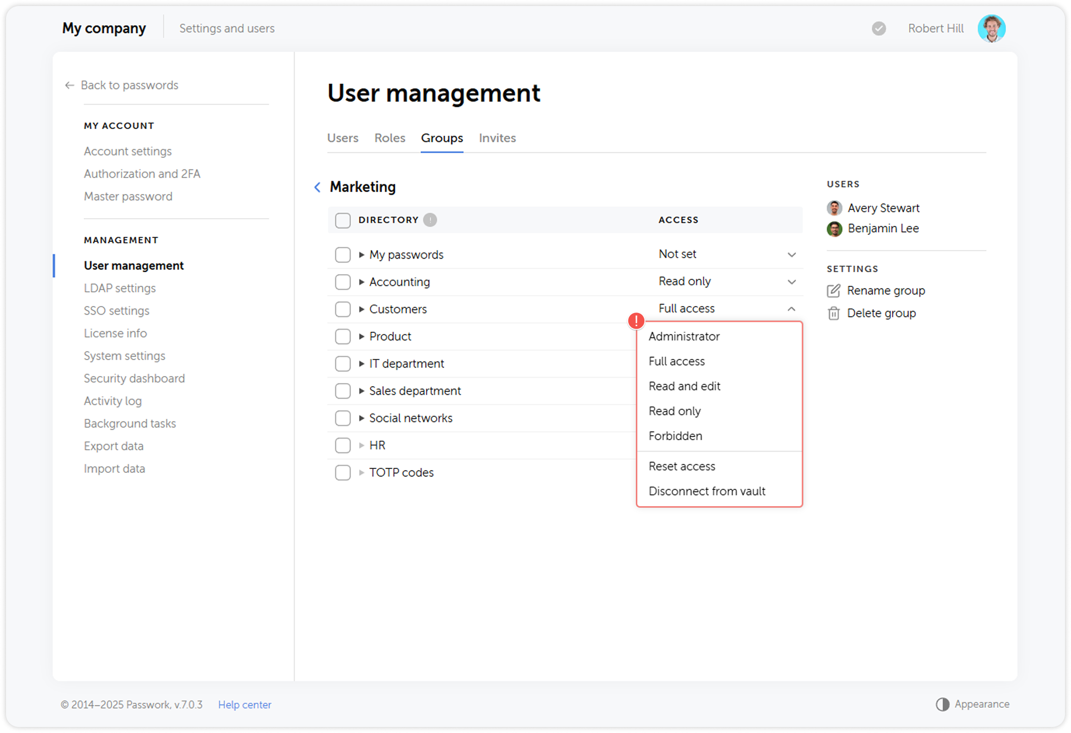 Group settings access rights